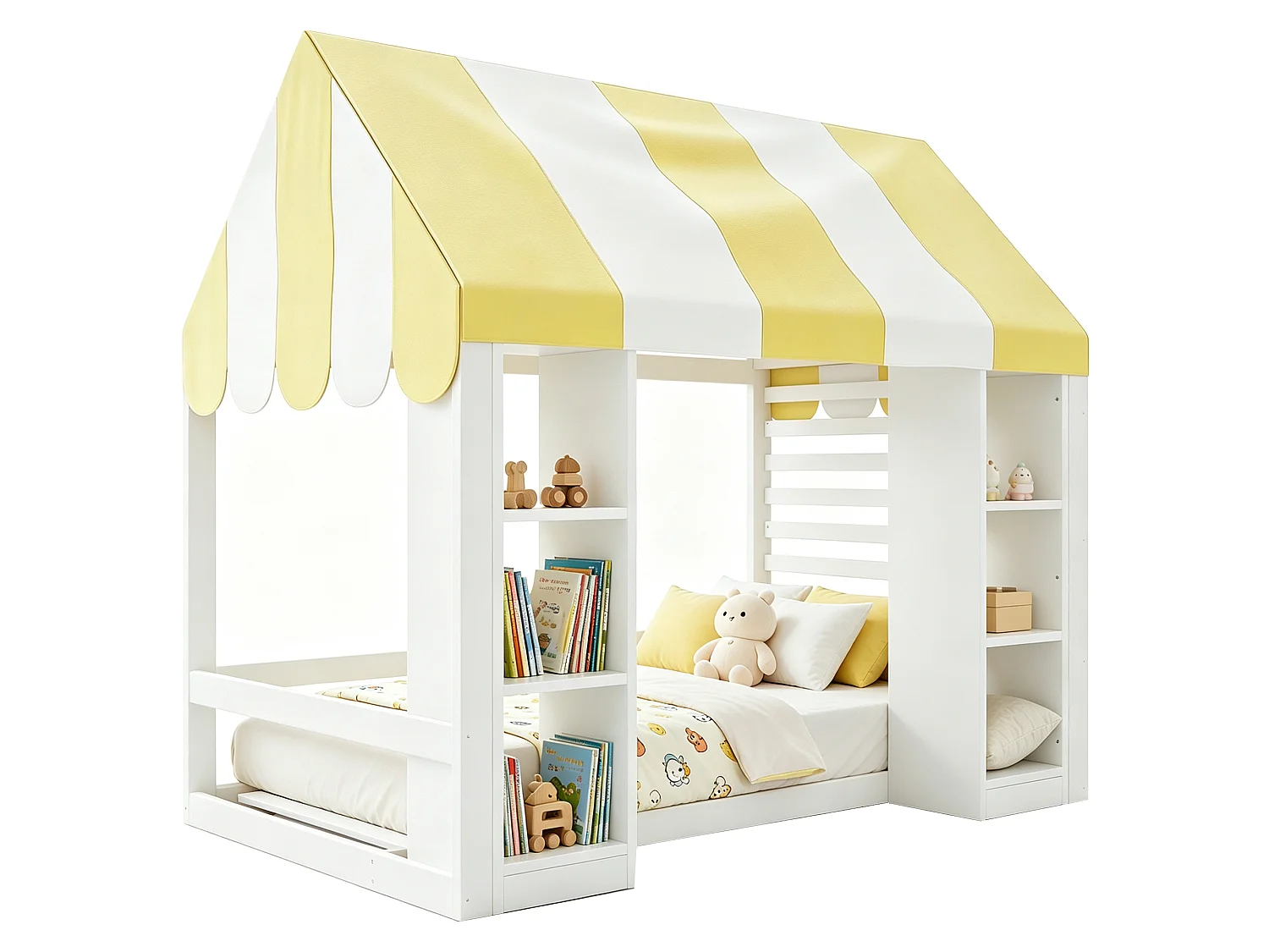 Kinder-Hochbett 90 x 200 cm mit offenen Regalen und Dach - Metall + MDF - Weiß (Matratze nicht enthalten)