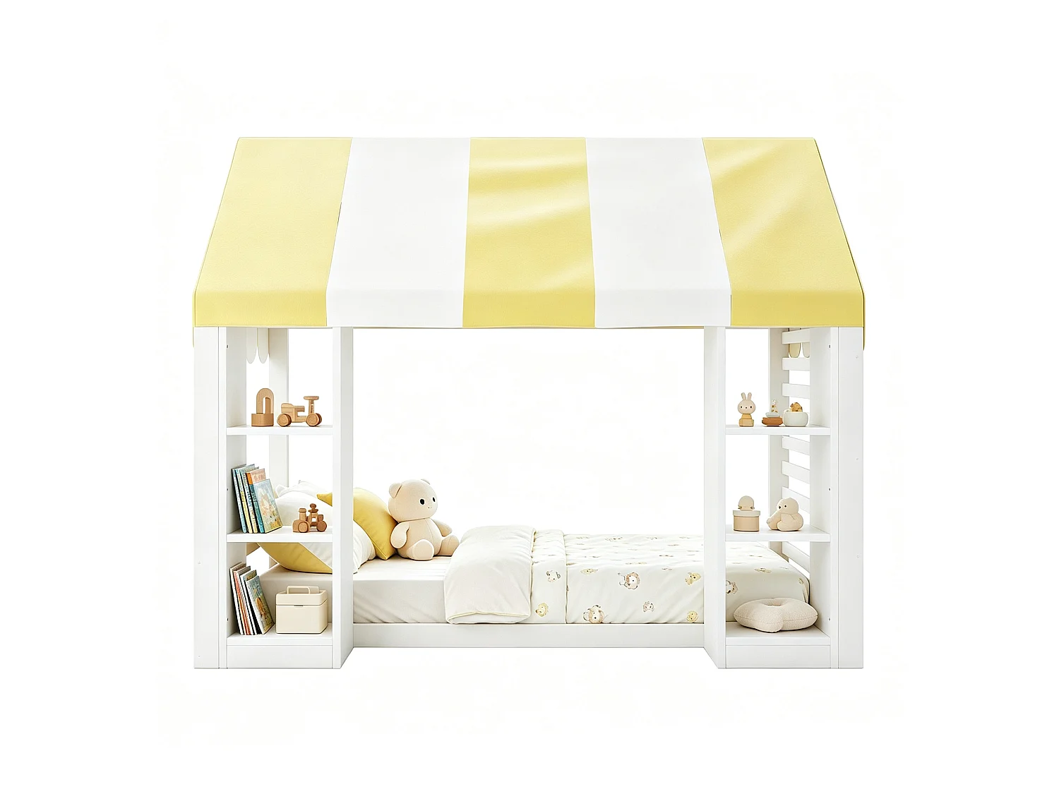 Kinder-Hochbett 90 x 200 cm mit offenen Regalen und Dach - Metall + MDF - Weiß (Matratze nicht enthalten)