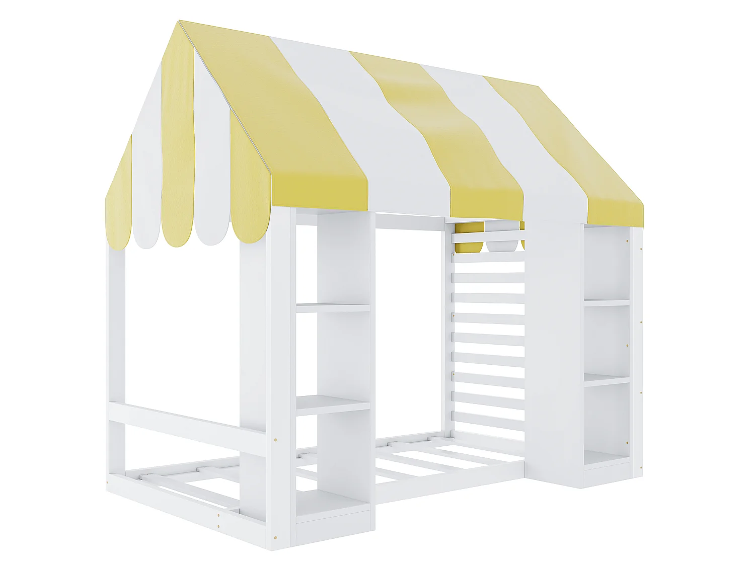 Kinder-Hochbett 90 x 200 cm mit offenen Regalen und Dach - Metall + MDF - Weiß (Matratze nicht enthalten)