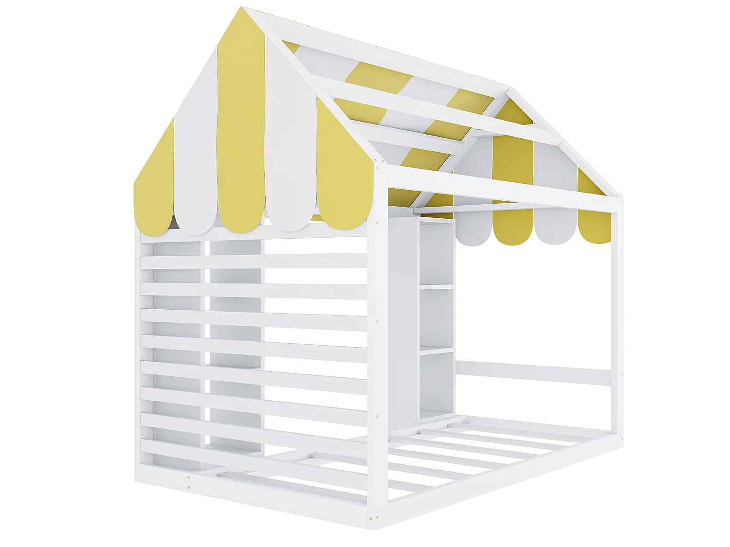 Kinder-Hochbett 90 x 200 cm mit offenen Regalen und Dach - Metall + MDF - Weiß (Matratze nicht enthalten)
