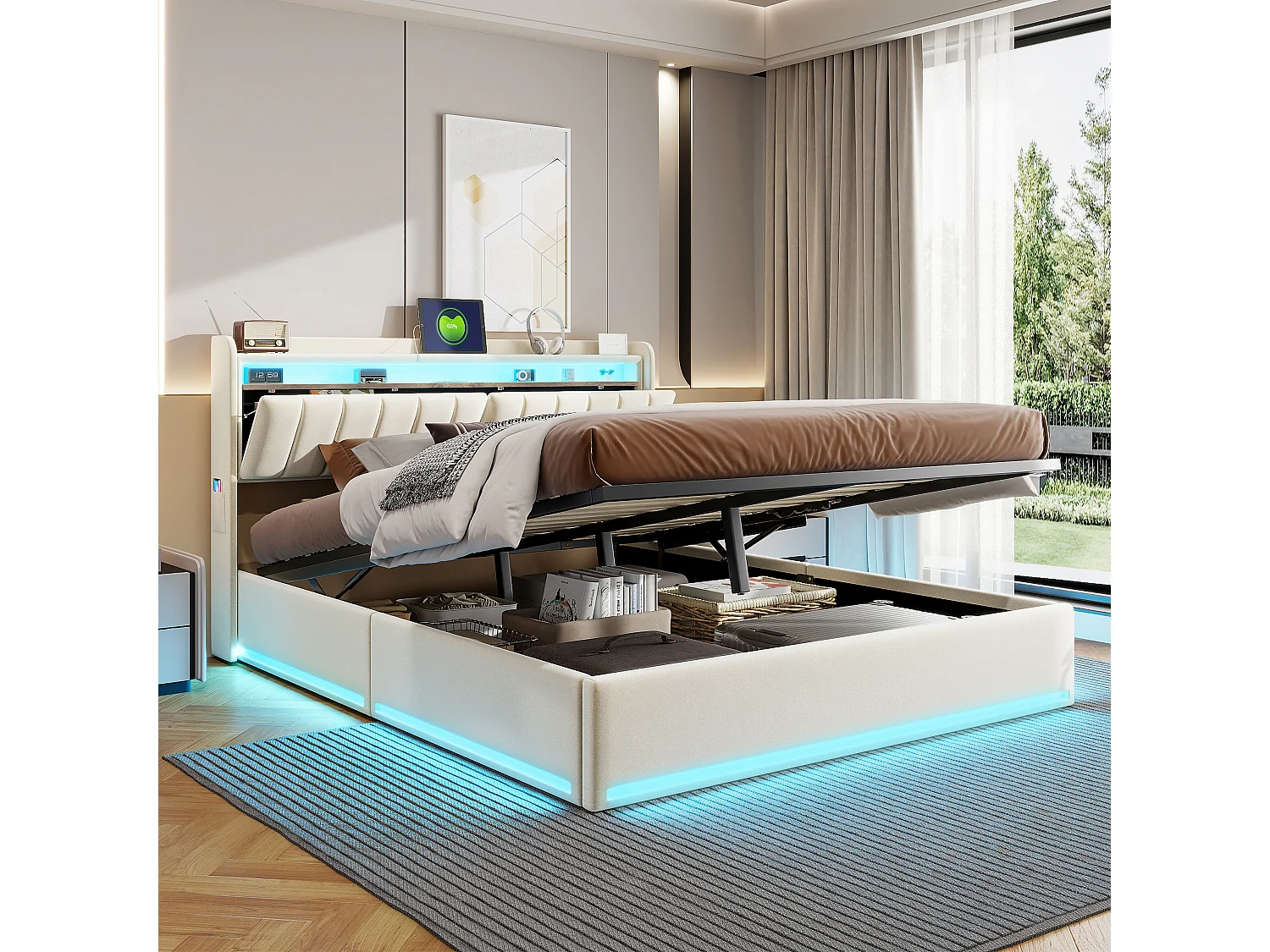 Lit coffre capitonné 140x190cm - avec LED - avec ports USB et Type-C - tissu en Velours - tête de lit avec espace de rangement - Gris