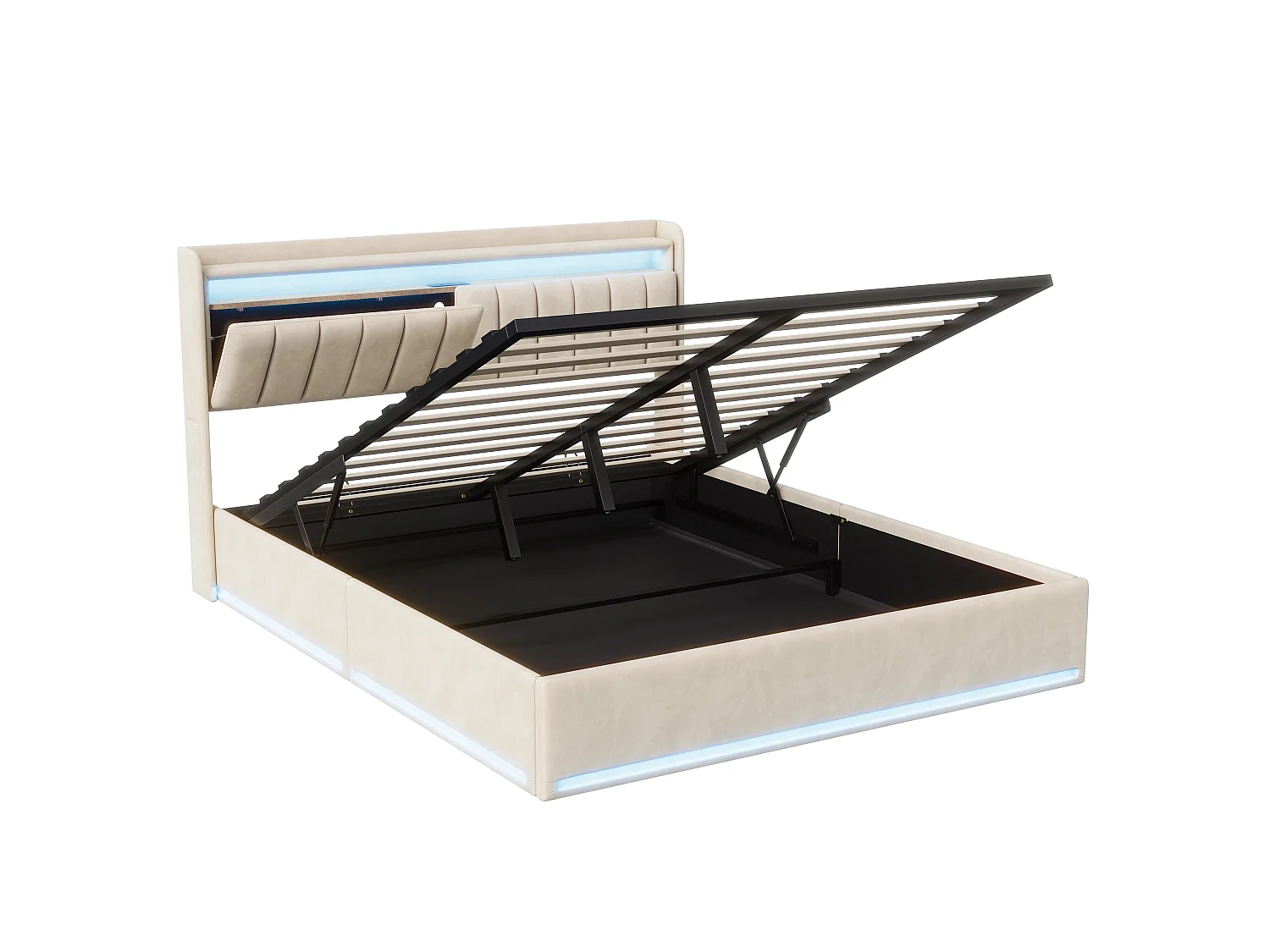 Lit coffre capitonné 140x190cm - avec LED - avec ports USB et Type-C - tissu en Velours - tête de lit avec espace de rangement - Gris