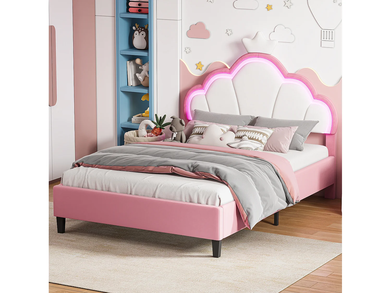 Lit Enfant Fille 140x190CM,Tête de lit Couronne LED RGB,Tête réglable,Lit princesse Sommier inclus,Tissu velours,Rose