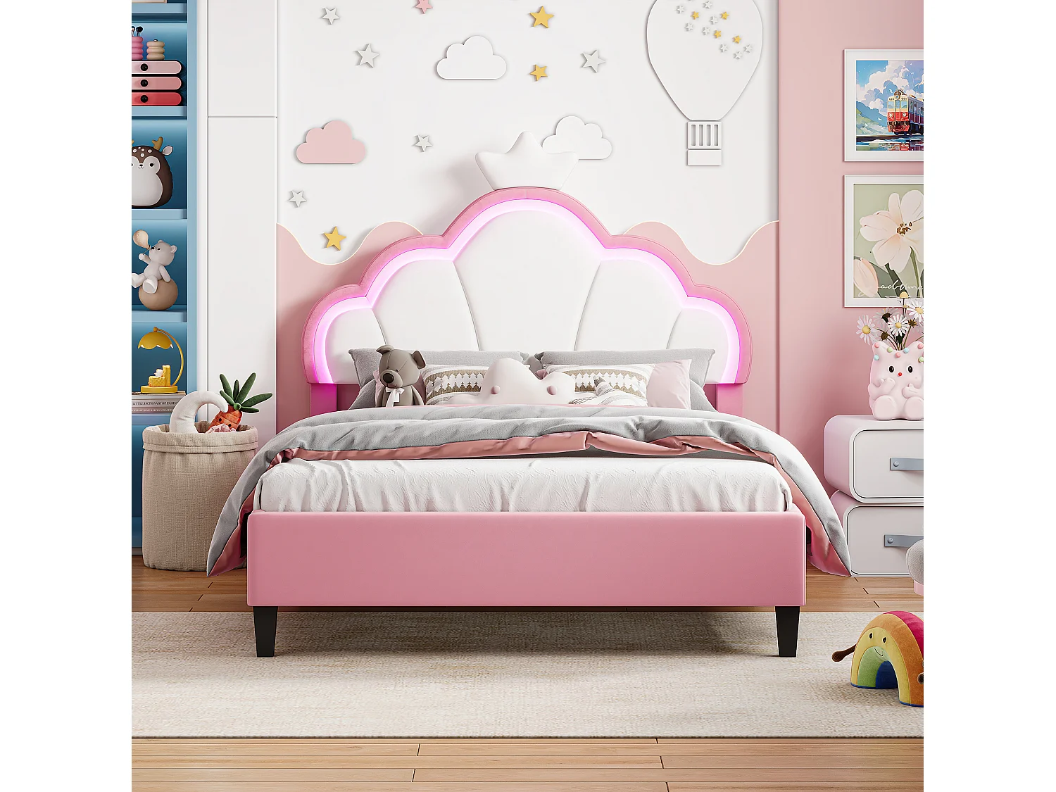 Lit Enfant Fille 140x190CM,Tête de lit Couronne LED RGB,Tête réglable,Lit princesse Sommier inclus,Tissu velours,Rose