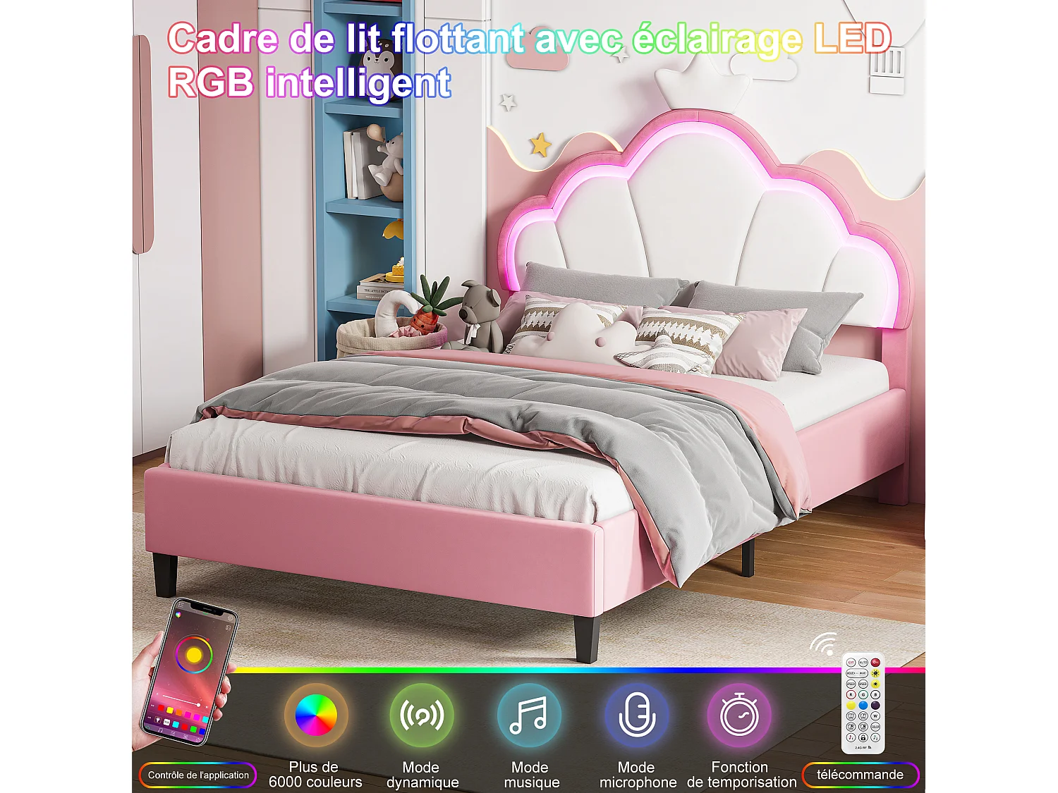 Lit Enfant Fille 140x190CM,Tête de lit Couronne LED RGB,Tête réglable,Lit princesse Sommier inclus,Tissu velours,Rose