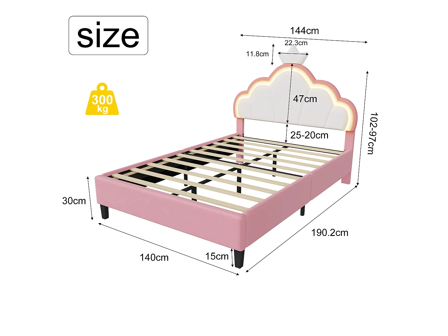 Lit Enfant Fille 140x190CM,Tête de lit Couronne LED RGB,Tête réglable,Lit princesse Sommier inclus,Tissu velours,Rose