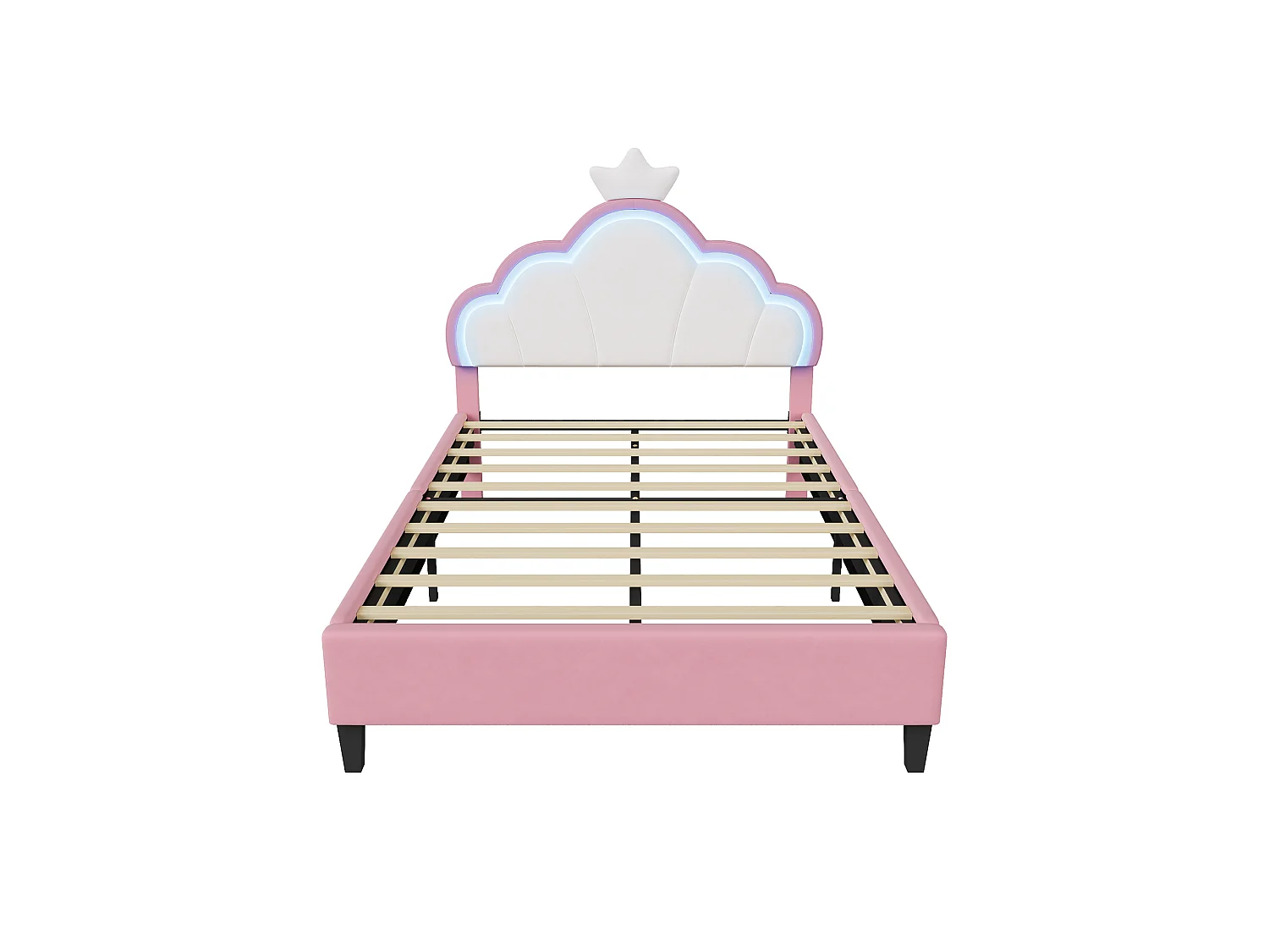 Lit Enfant Fille 140x190CM,Tête de lit Couronne LED RGB,Tête réglable,Lit princesse Sommier inclus,Tissu velours,Rose
