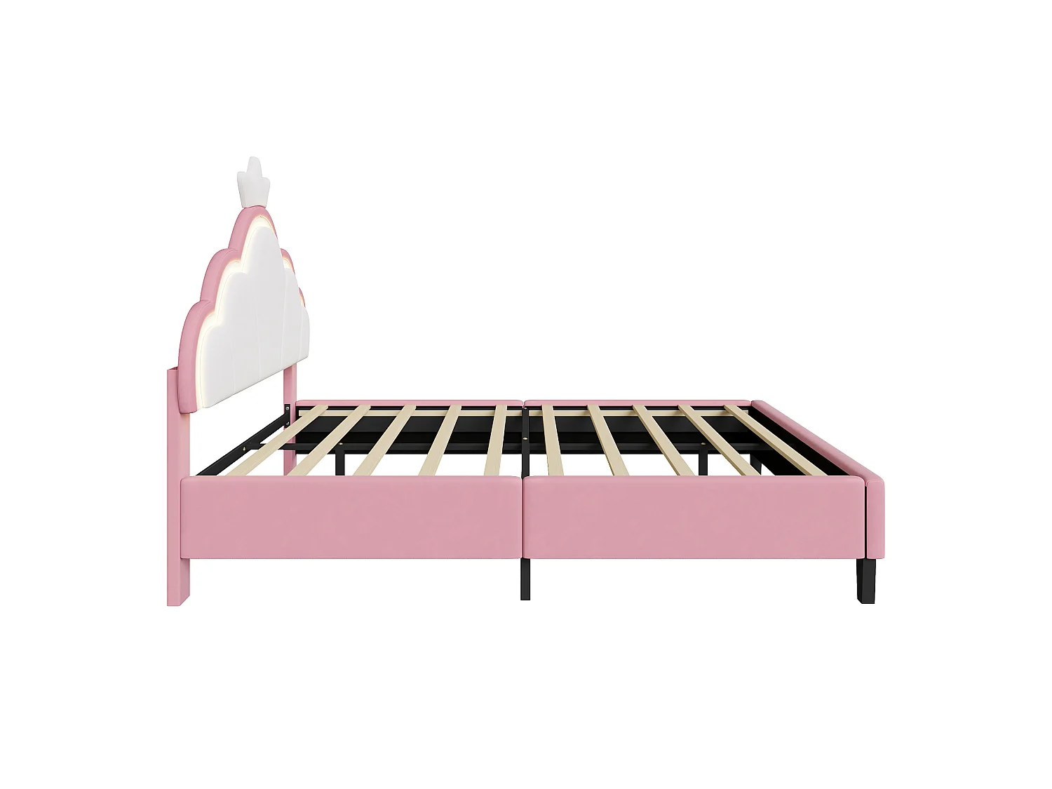 Lit Enfant Fille 140x190CM,Tête de lit Couronne LED RGB,Tête réglable,Lit princesse Sommier inclus,Tissu velours,Rose