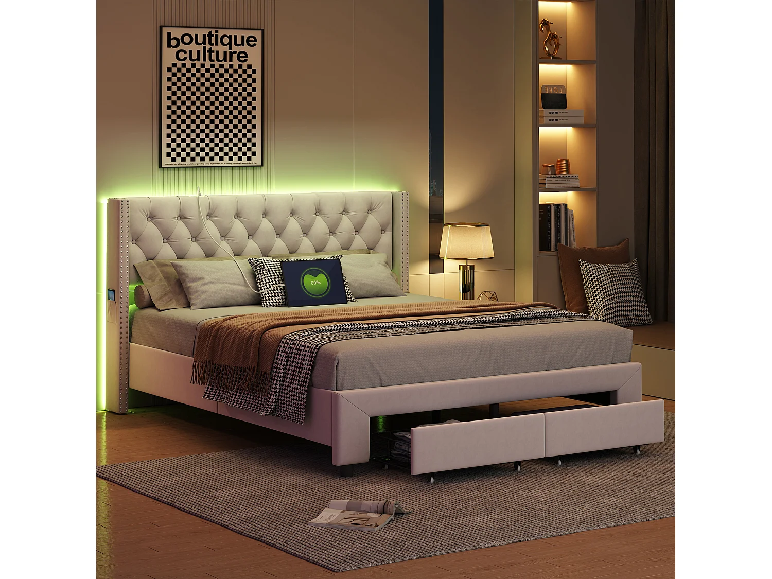 Lit coffre multifonction en velours avec LED, ports USB/Type-C,lit avec 2 tiroirs, 140x190cm, Beige