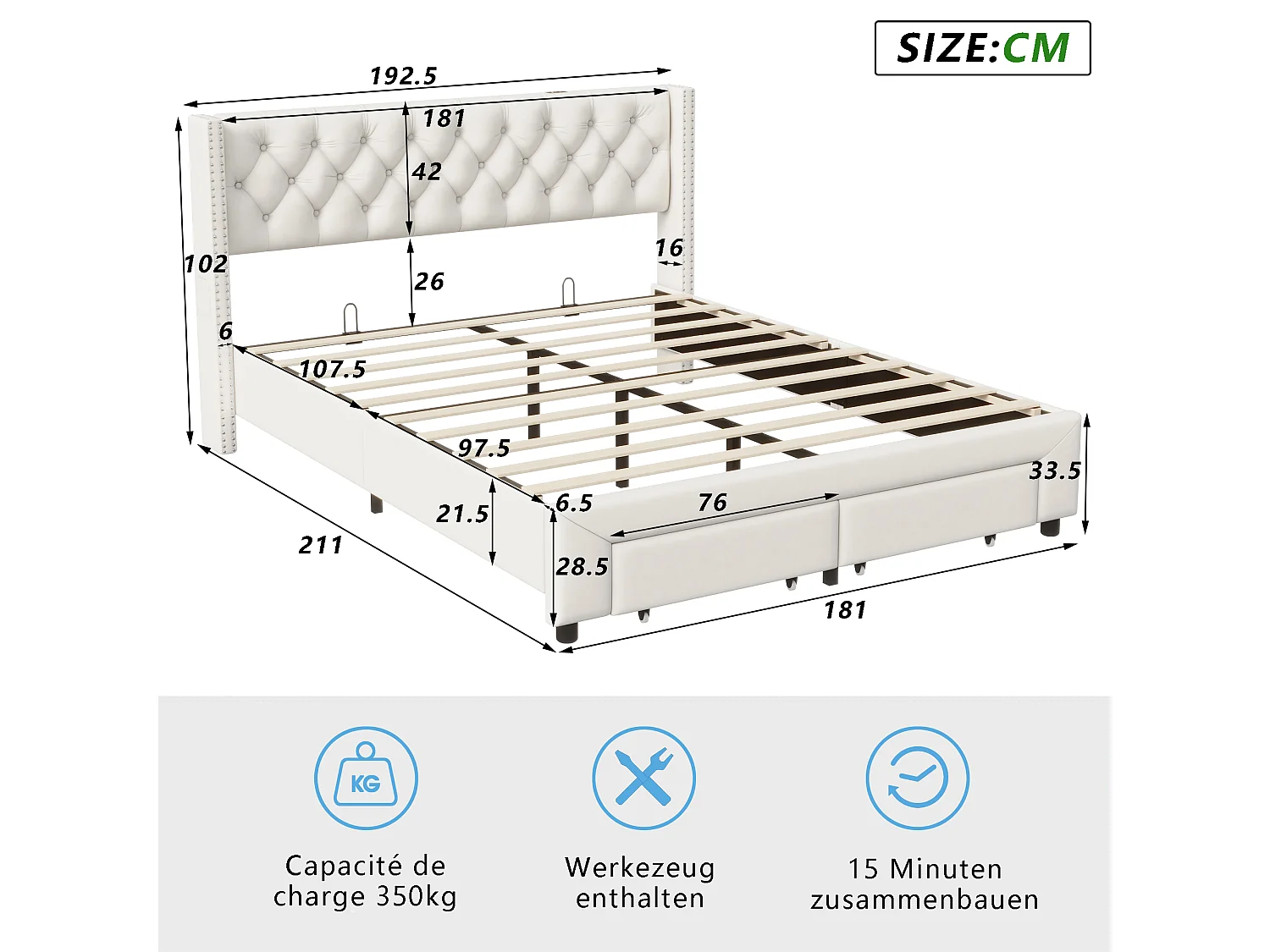 Lit coffre multifonction en velours avec LED, ports USB/Type-C,lit avec 2 tiroirs, 180x200cm, Beige