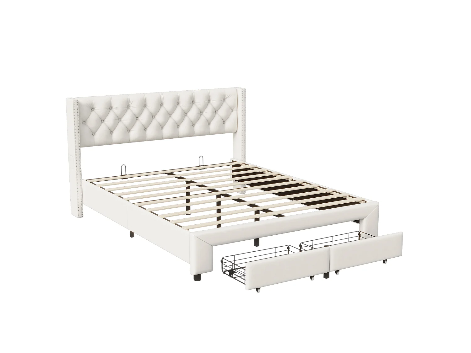 Lit coffre multifonction en velours avec LED, ports USB/Type-C,lit avec 2 tiroirs, 180x200cm, Beige