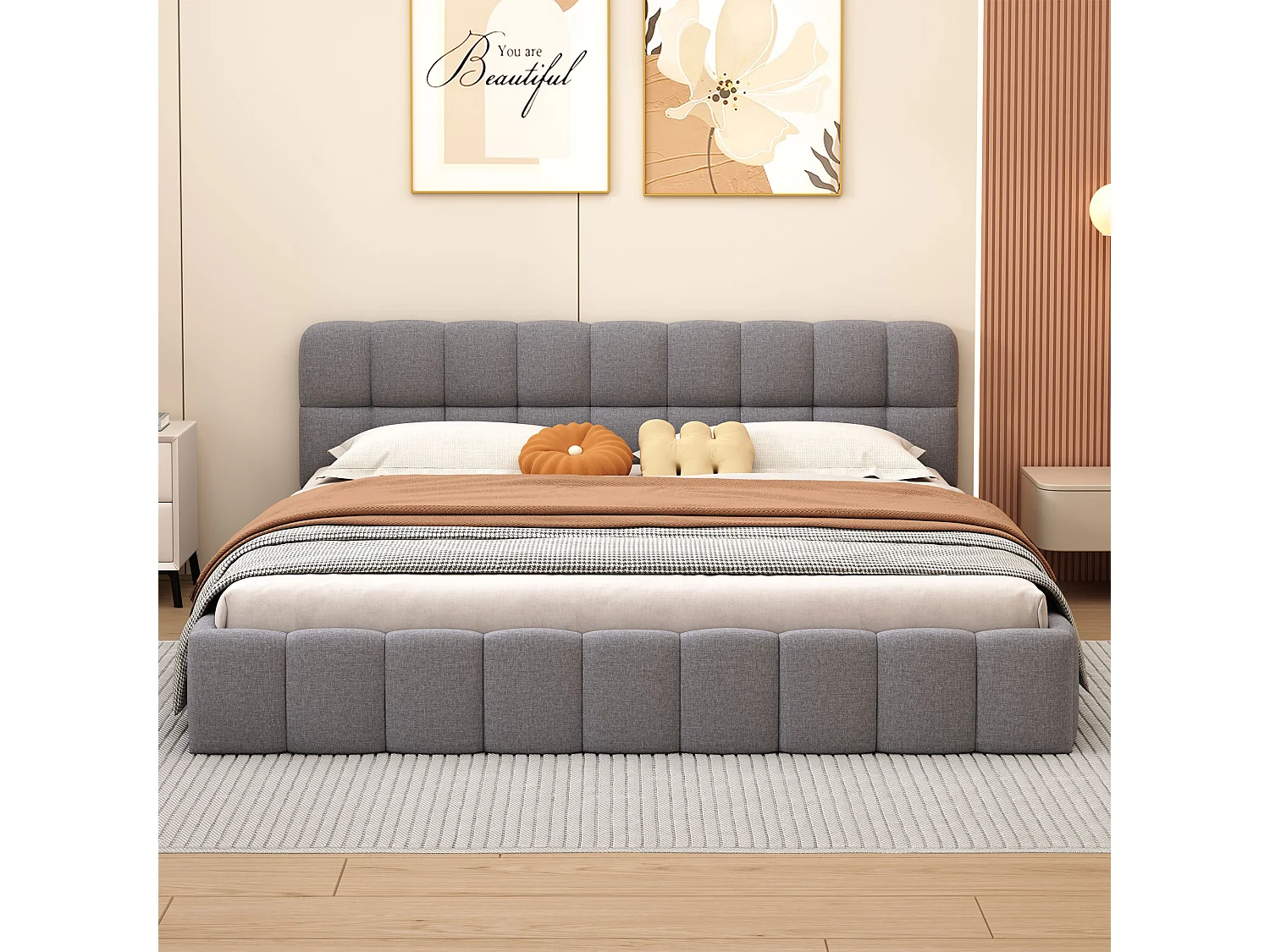 Lit Coffre 140 x 190 cm - Lit Double avec Dossier Moelleux, Lit Ado à Structure Rembourrée, Lit Plat avec Sommier à Lattes Inclus, lin, Beige