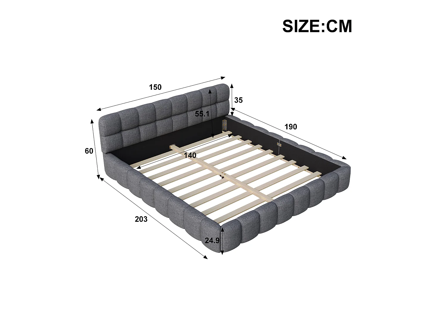 Lit Coffre 140 x 190 cm - Lit Double avec Dossier Moelleux, Lit Ado à Structure Rembourrée, Lit Plat avec Sommier à Lattes Inclus, lin, Beige