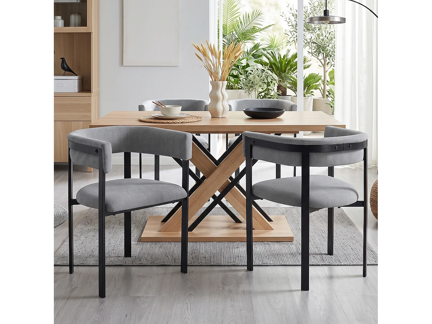 Lot de 6 chaises de salle à manger avec accoudoirs avec dossier incurvé - Chenille et métal - 61 x 50 x 76 cm - Gris