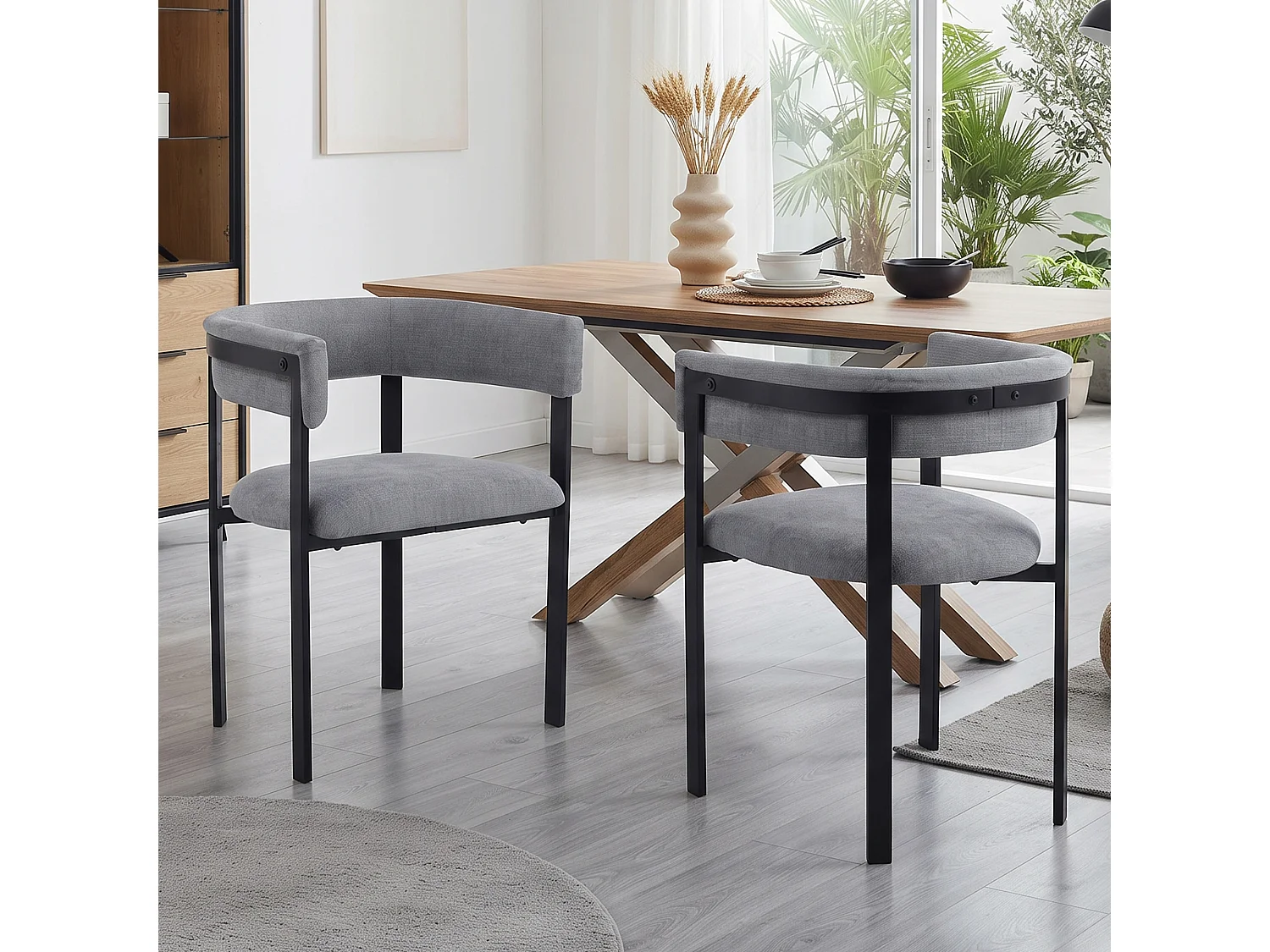 Lot de 6 chaises de salle à manger avec accoudoirs avec dossier incurvé - Chenille et métal - 61 x 50 x 76 cm - Gris