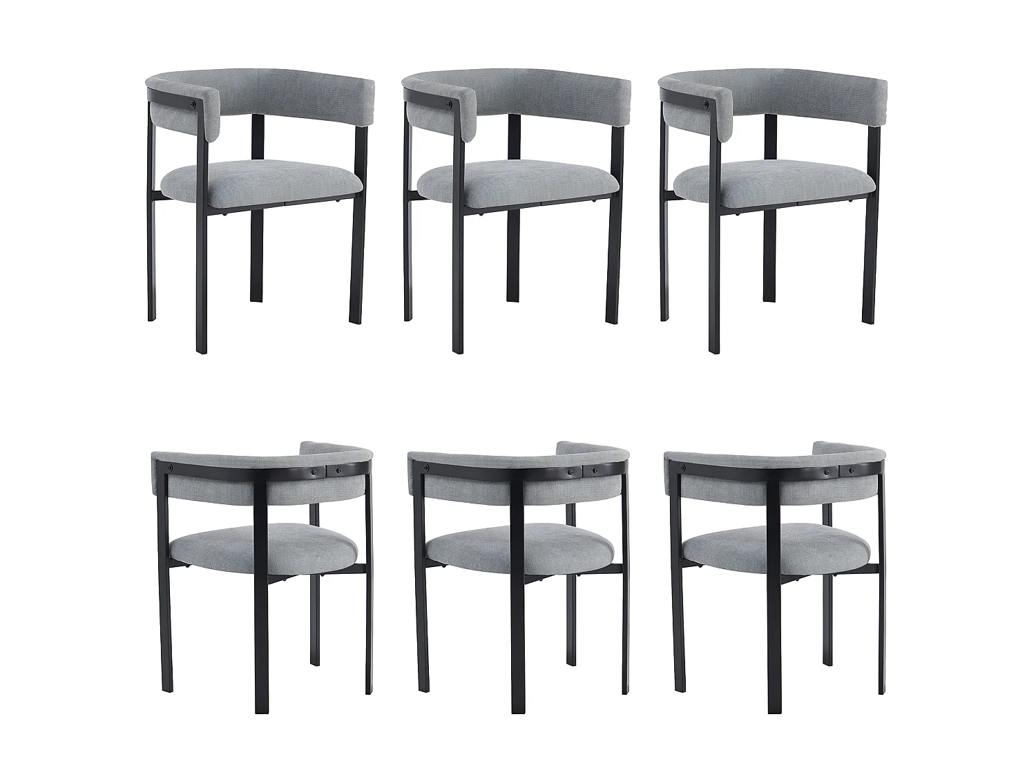 Lot de 6 chaises de salle à manger avec accoudoirs avec dossier incurvé - Chenille et métal - 61 x 50 x 76 cm - Gris