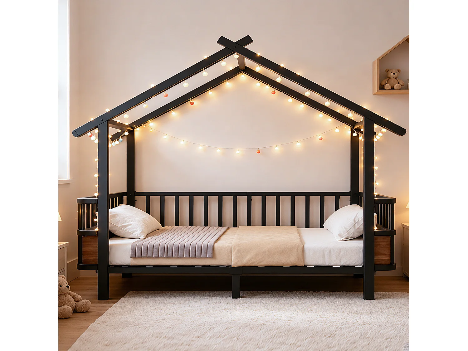 Hochbett 90 x 200 cm mit Sicherheitsgittern – Anpassbarer Metallrahmen – Schwarz (Matratze nicht im Lieferumfang enthalten)