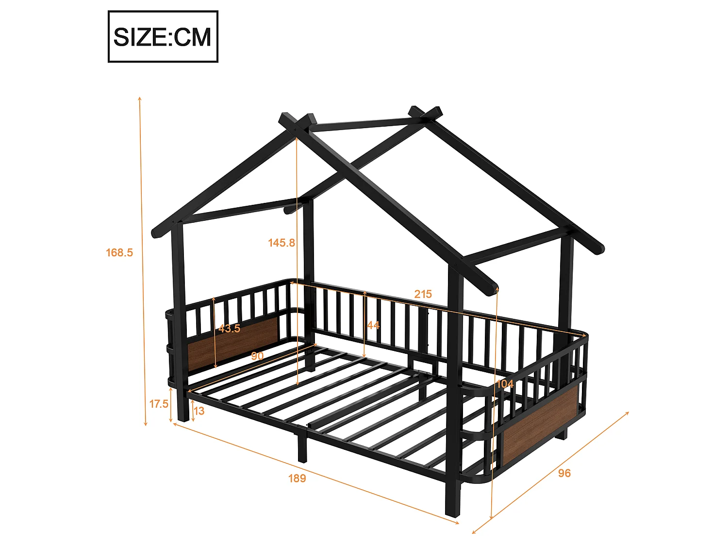 Hochbett 90 x 200 cm mit Sicherheitsgittern – Anpassbarer Metallrahmen – Schwarz (Matratze nicht im Lieferumfang enthalten)