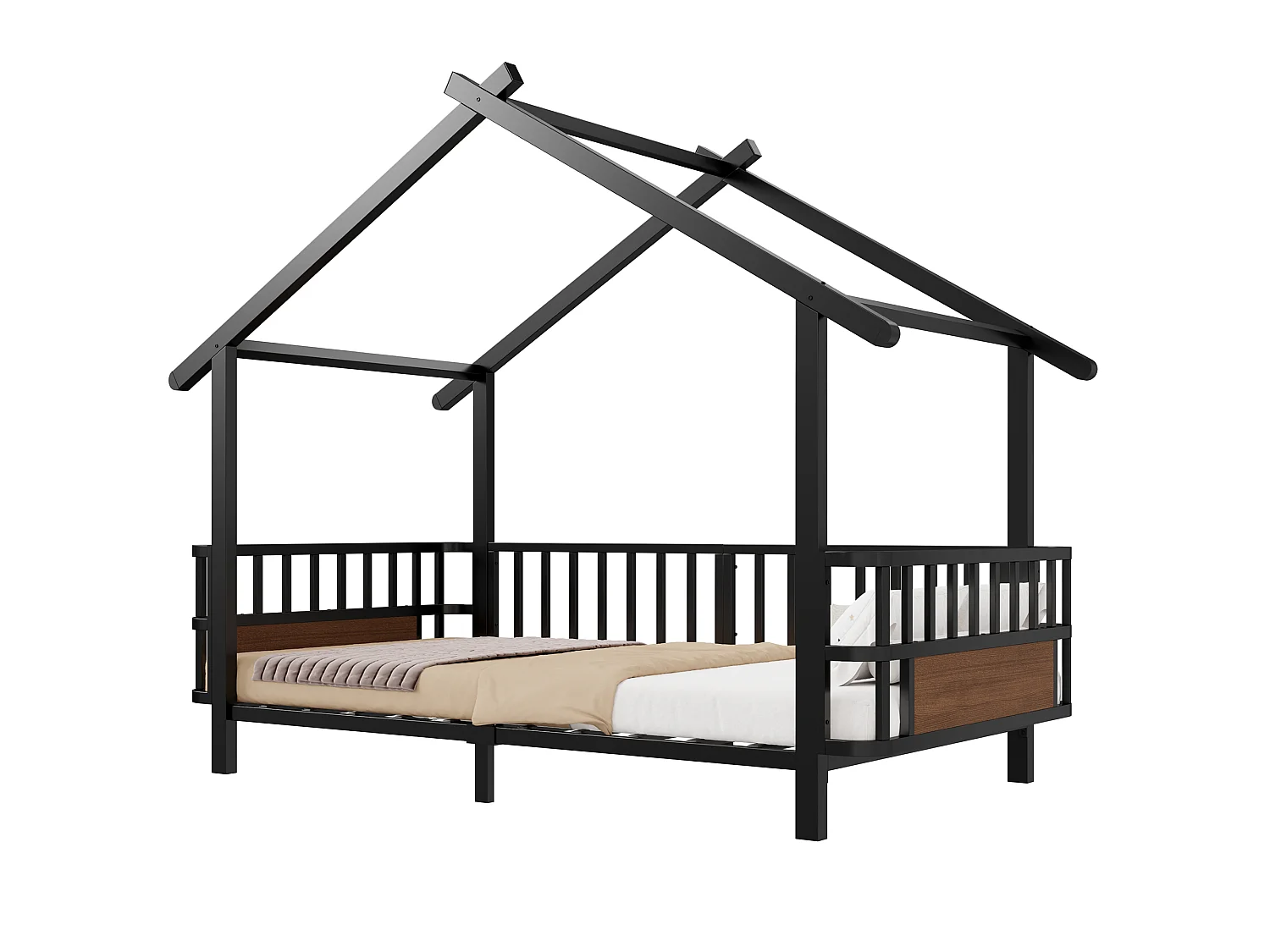 Hochbett 90 x 200 cm mit Sicherheitsgittern – Anpassbarer Metallrahmen – Schwarz (Matratze nicht im Lieferumfang enthalten)