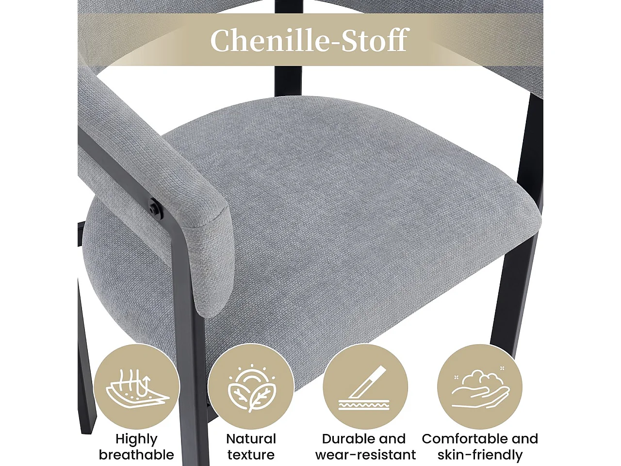 Lot de 4 chaises de salle à manger avec accoudoirs avec dossier incurvé - Chenille et métal - 61 x 50 x 76 cm - Gris