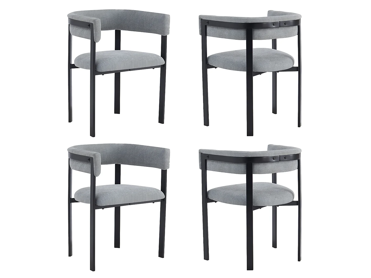Lot de 4 chaises de salle à manger avec accoudoirs avec dossier incurvé - Chenille et métal - 61 x 50 x 76 cm - Gris
