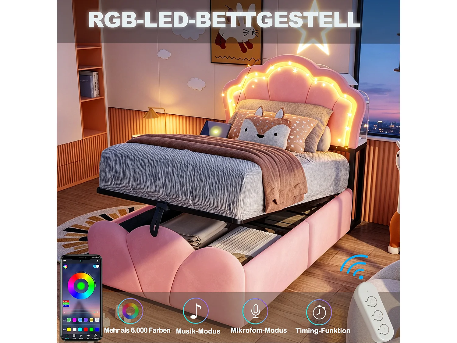 Lit coffre 90 x 200  cm avec rangement hydraulique, LED et niches de rangement - Velours + MDF - Rose (Sans matelas)