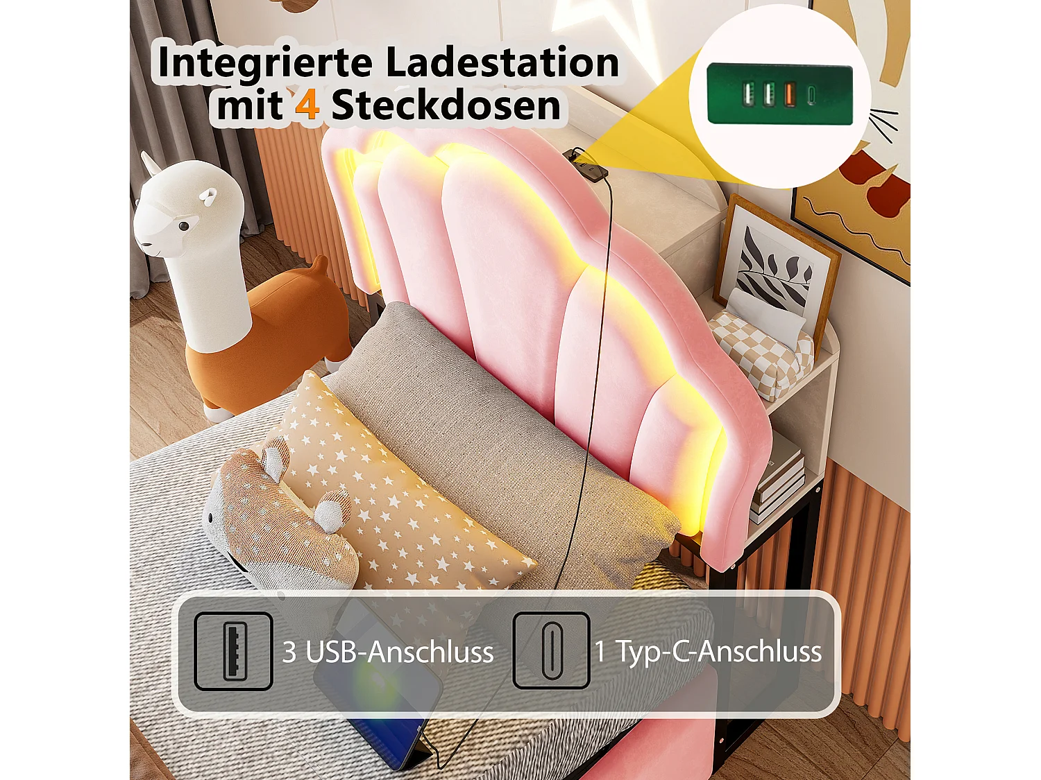 Lit coffre 90 x 200  cm avec rangement hydraulique, LED et niches de rangement - Velours + MDF - Rose (Sans matelas)