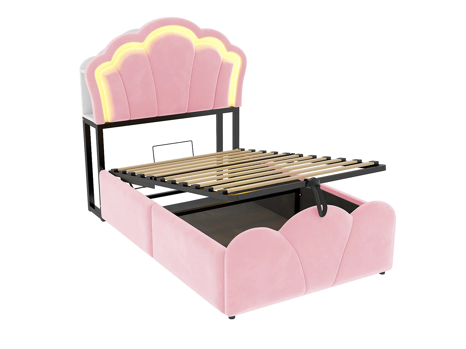 Lit coffre 90 x 200  cm avec rangement hydraulique, LED et niches de rangement - Velours + MDF - Rose (Sans matelas)
