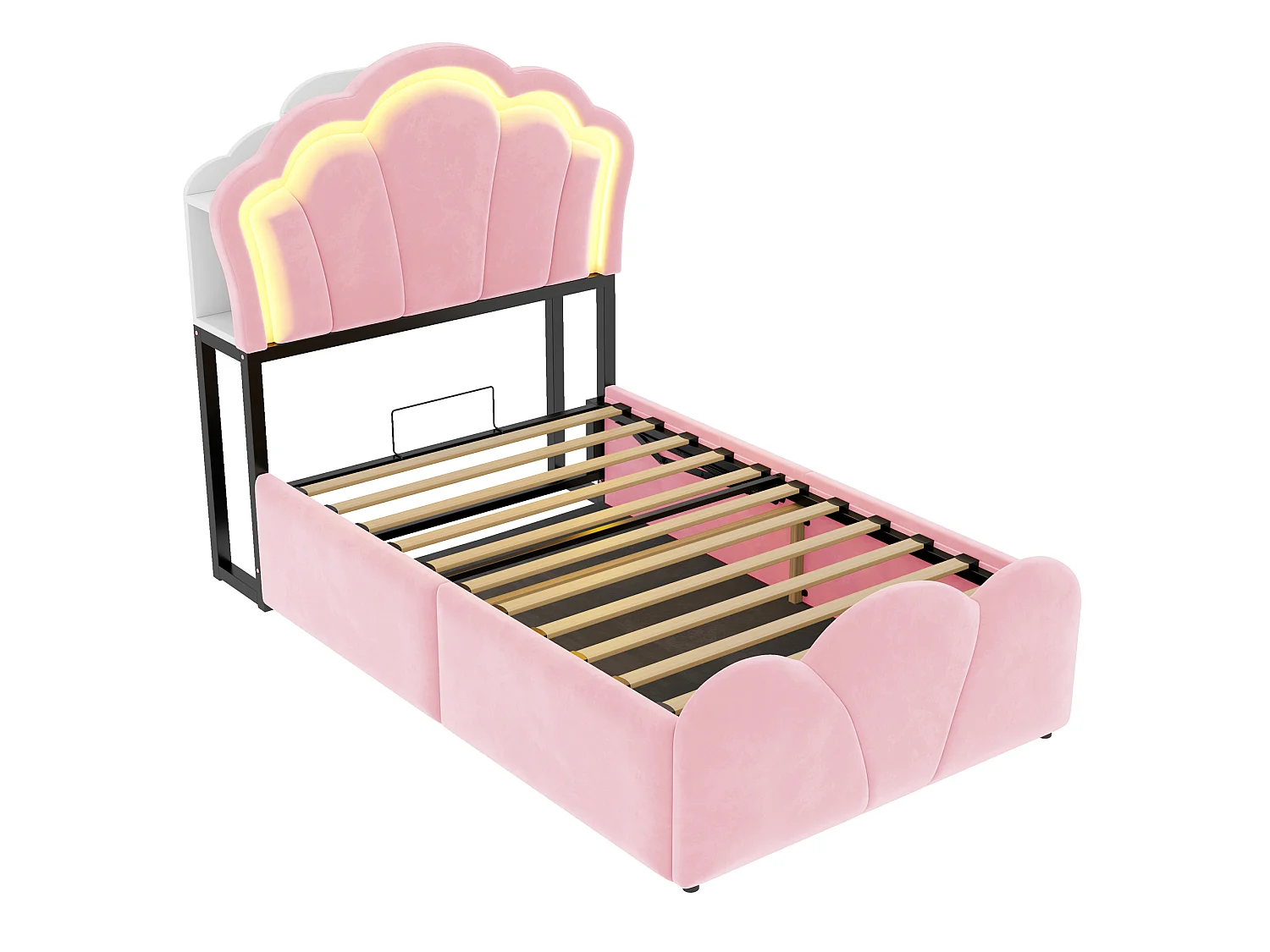 Lit coffre 90 x 200  cm avec rangement hydraulique, LED et niches de rangement - Velours + MDF - Rose (Sans matelas)