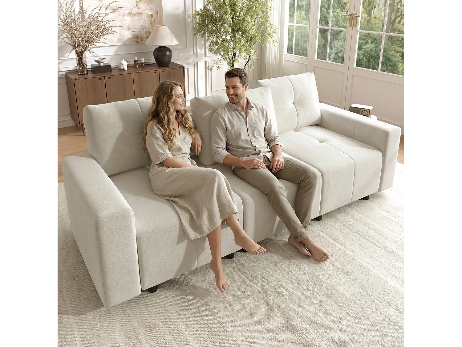 Canapé 3 places en tissu chenille avec structure en bois massif et pieds en plastique - 213 x 94 x 84 cm - Dossier réglable - Beige-blanc