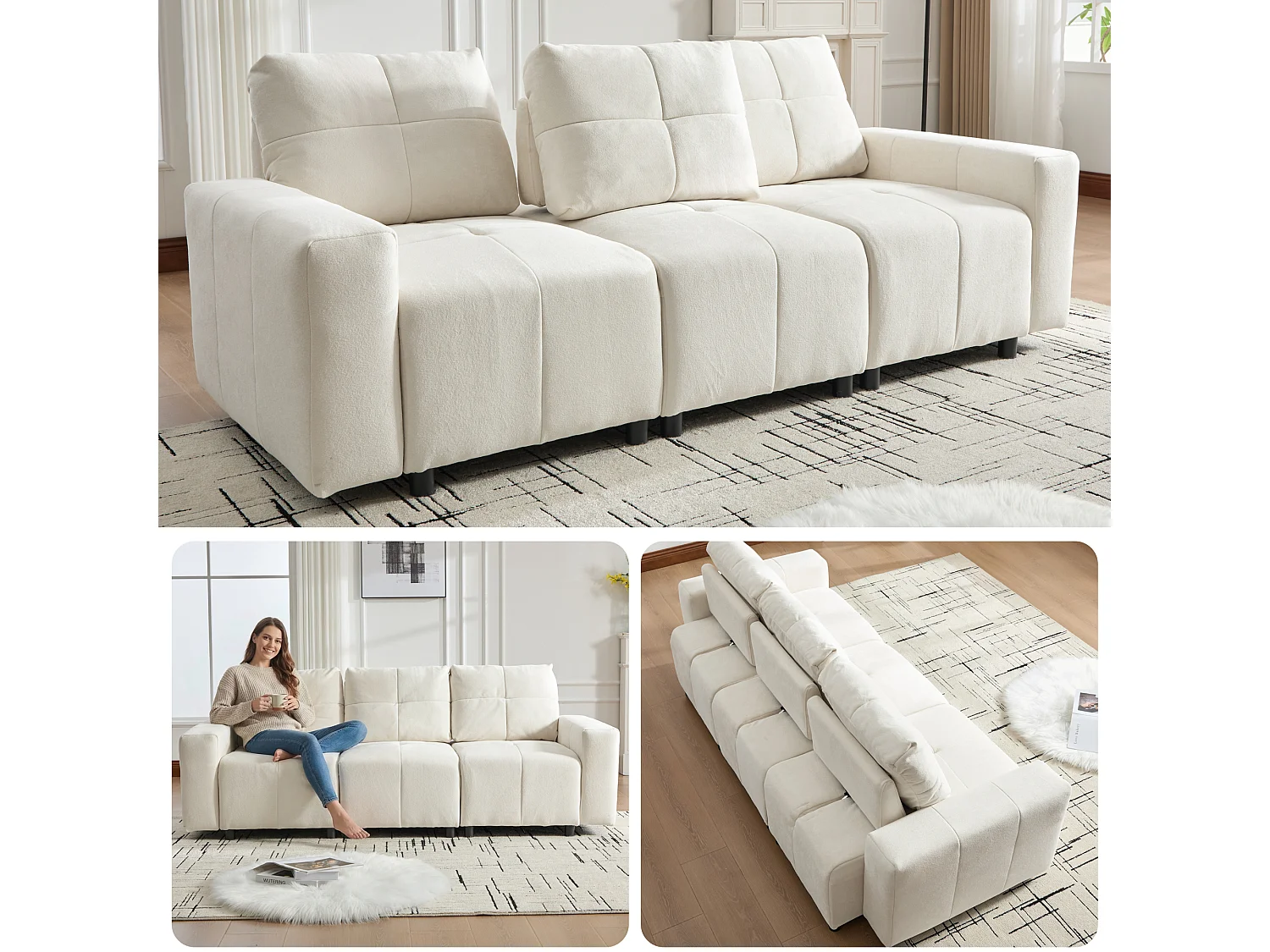Canapé 3 places en tissu chenille avec structure en bois massif et pieds en plastique - 213 x 94 x 84 cm - Dossier réglable - Beige-blanc