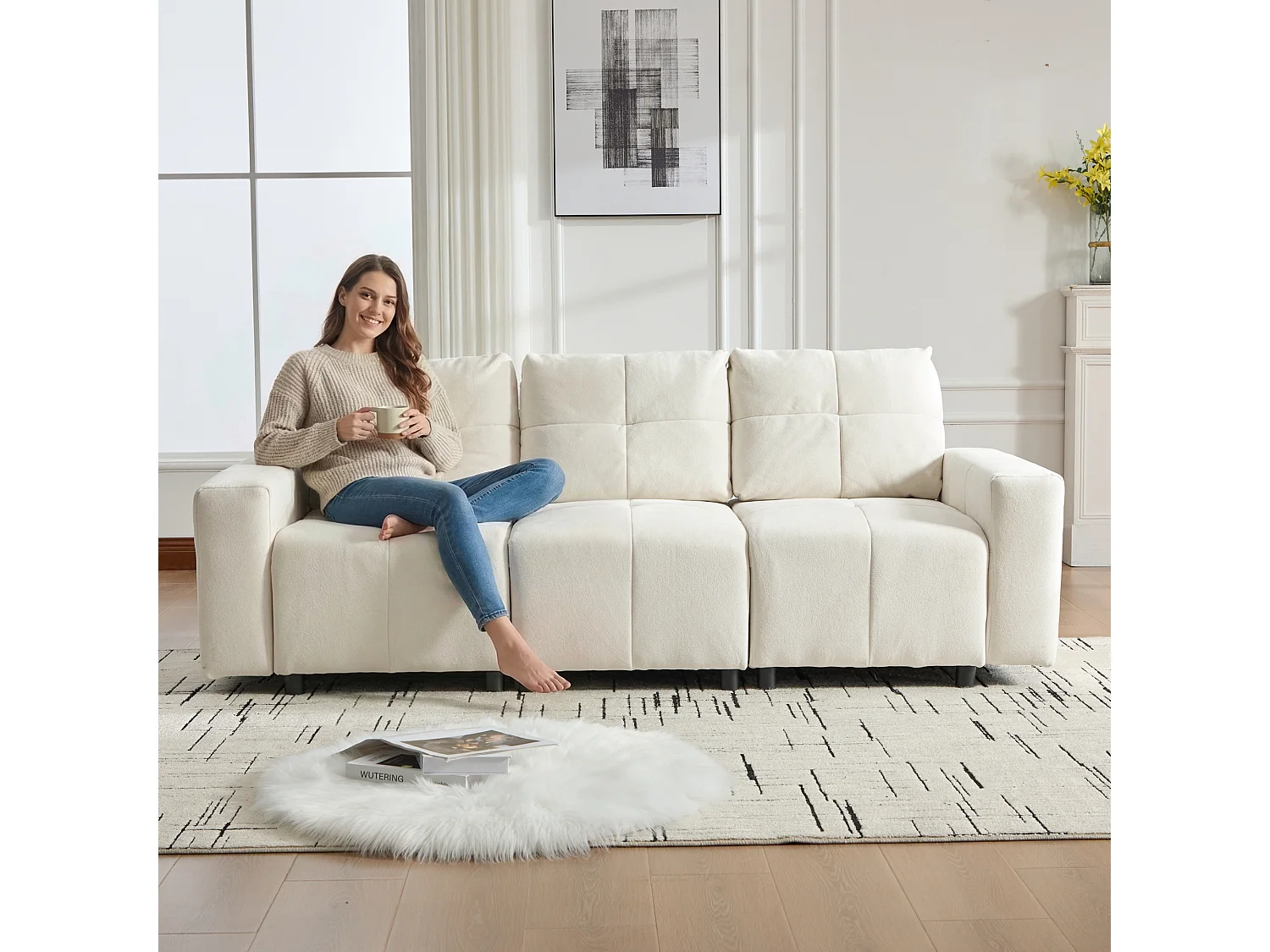 Canapé 3 places en tissu chenille avec structure en bois massif et pieds en plastique - 213 x 94 x 84 cm - Dossier réglable - Beige-blanc