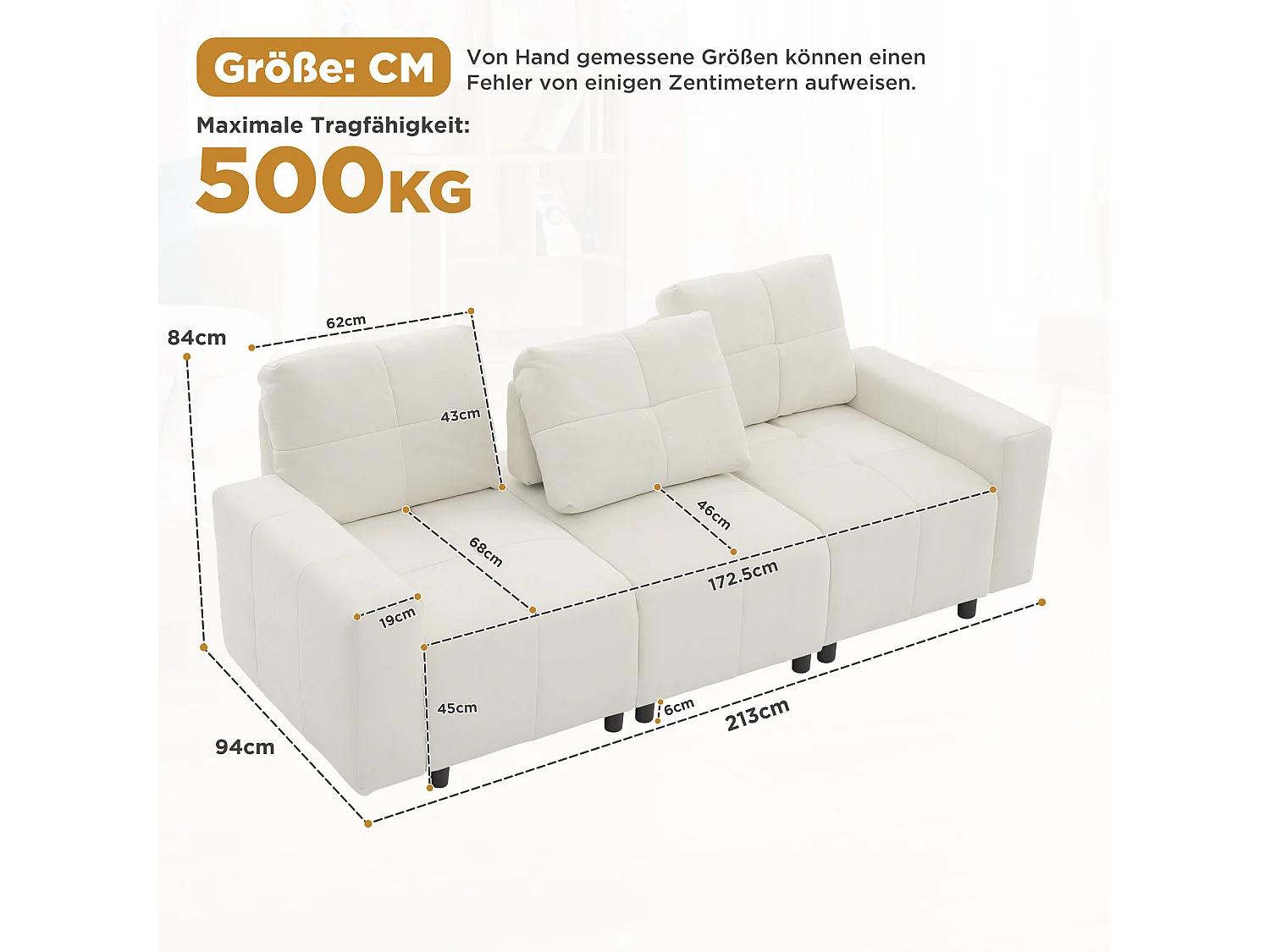 Canapé 3 places en tissu chenille avec structure en bois massif et pieds en plastique - 213 x 94 x 84 cm - Dossier réglable - Beige-blanc