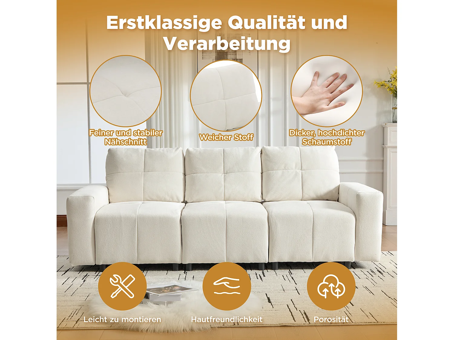 Canapé 3 places en tissu chenille avec structure en bois massif et pieds en plastique - 213 x 94 x 84 cm - Dossier réglable - Beige-blanc
