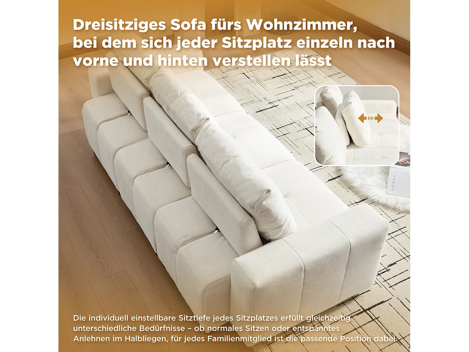 Canapé 3 places en tissu chenille avec structure en bois massif et pieds en plastique - 213 x 94 x 84 cm - Dossier réglable - Beige-blanc
