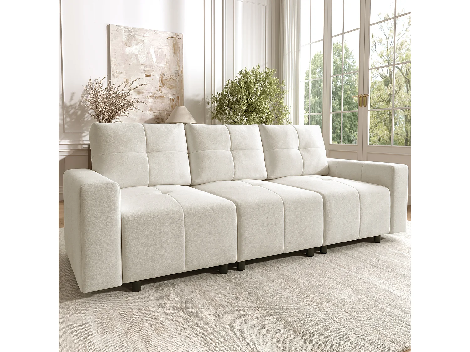 Canapé 3 places en tissu chenille avec structure en bois massif et pieds en plastique - 213 x 94 x 84 cm - Dossier réglable - Beige-blanc
