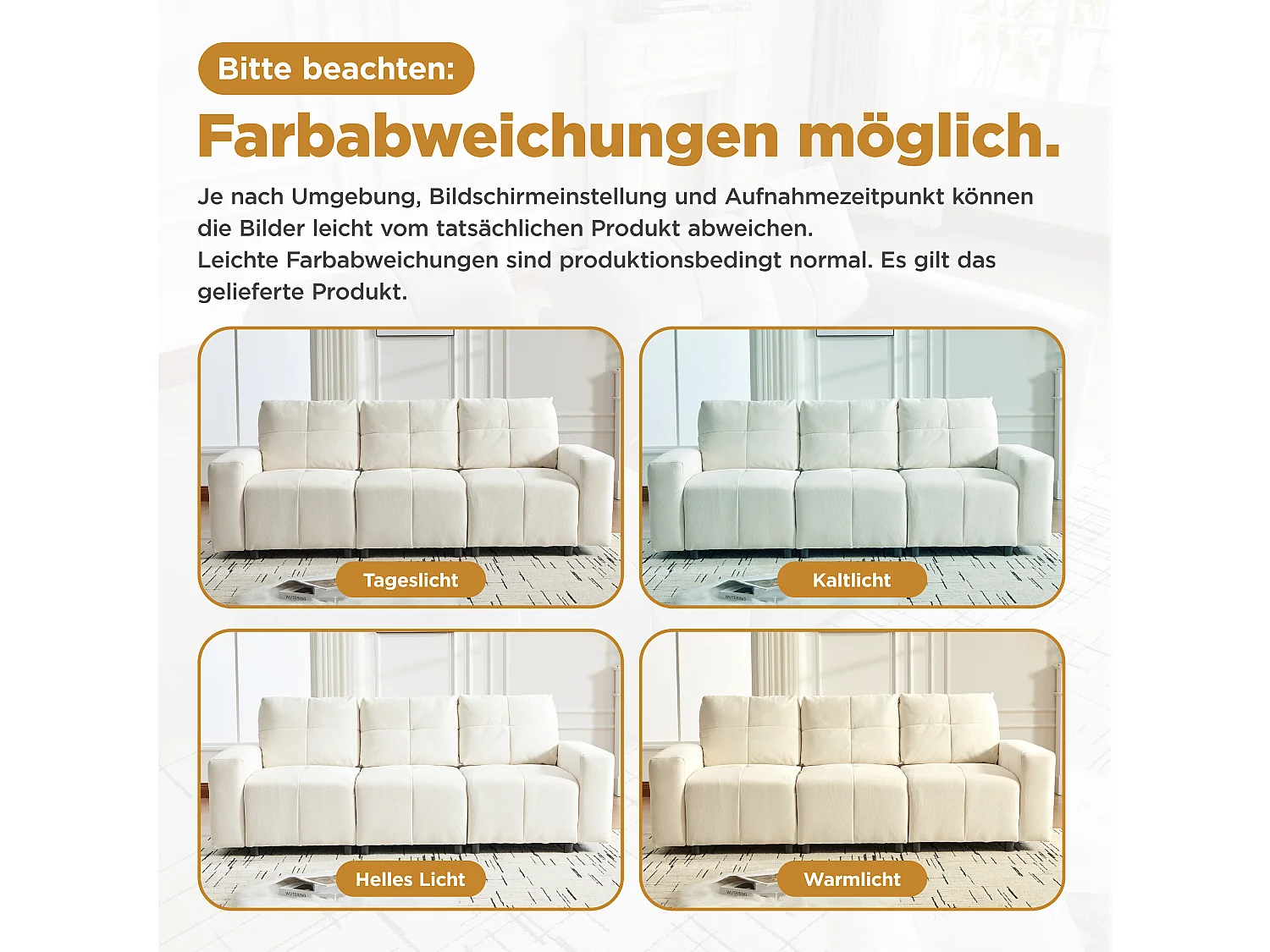 Canapé 3 places en tissu chenille avec structure en bois massif et pieds en plastique - 213 x 94 x 84 cm - Dossier réglable - Beige-blanc