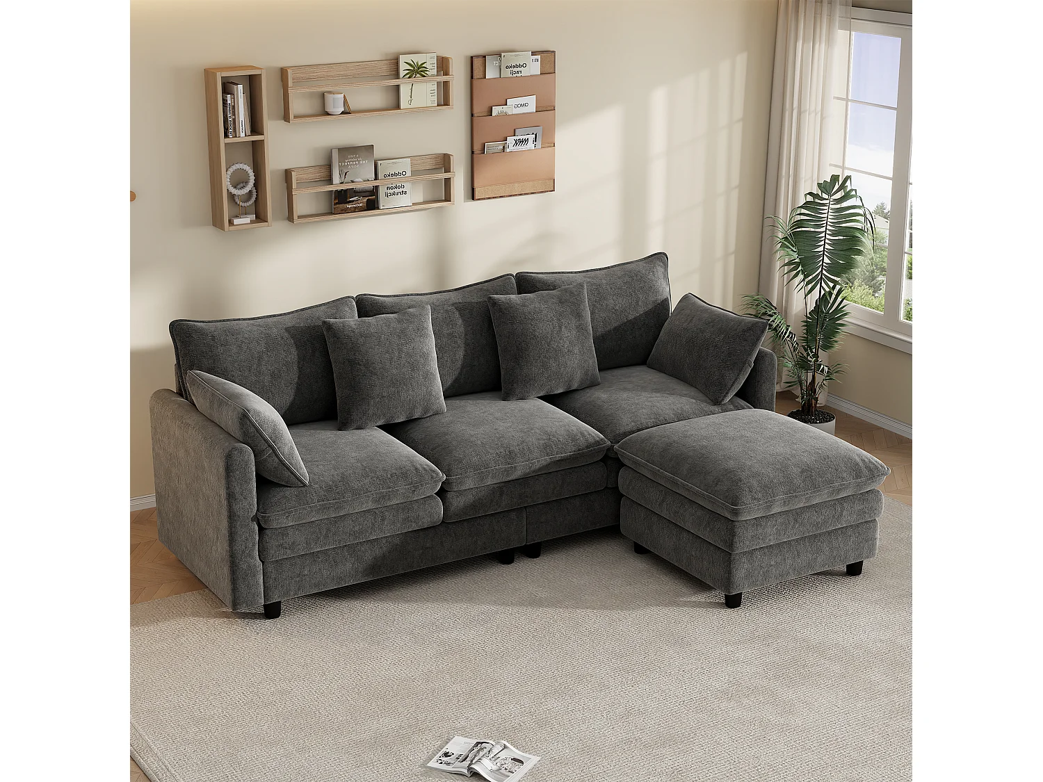Canapé d'angle 3 places avec méridienne, 4 coussins décoratifs et dossiers réglables - Chenille - 212 x 150 x 65 cm - Gris