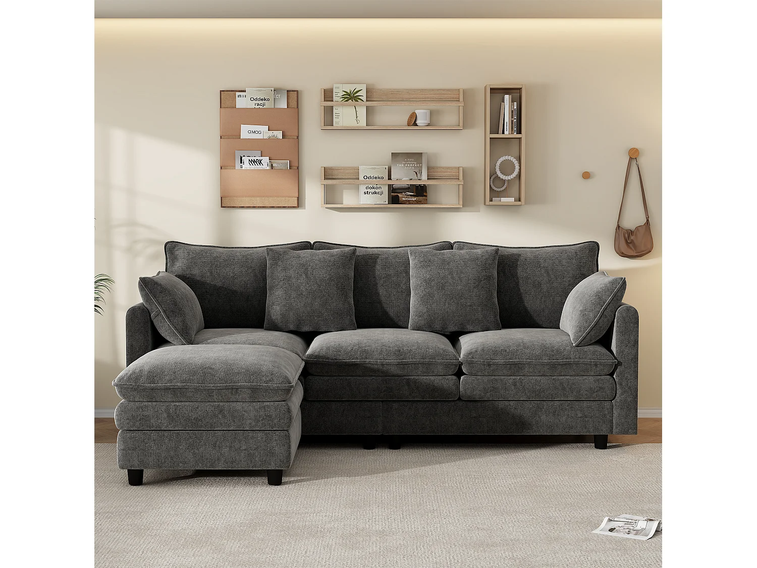Canapé d'angle 3 places avec méridienne, 4 coussins décoratifs et dossiers réglables - Chenille - 212 x 150 x 65 cm - Gris