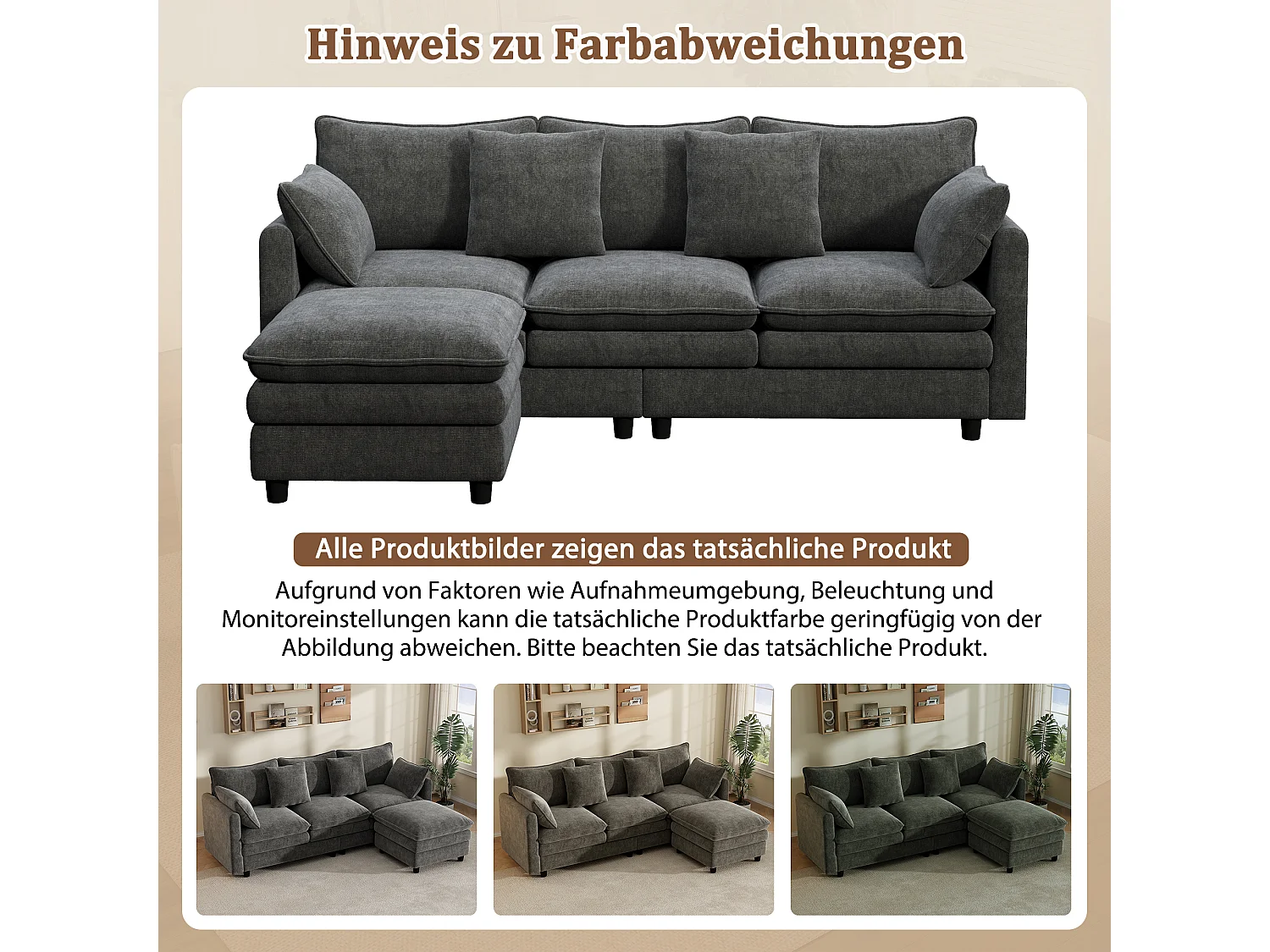 Canapé d'angle 3 places avec méridienne, 4 coussins décoratifs et dossiers réglables - Chenille - 212 x 150 x 65 cm - Gris