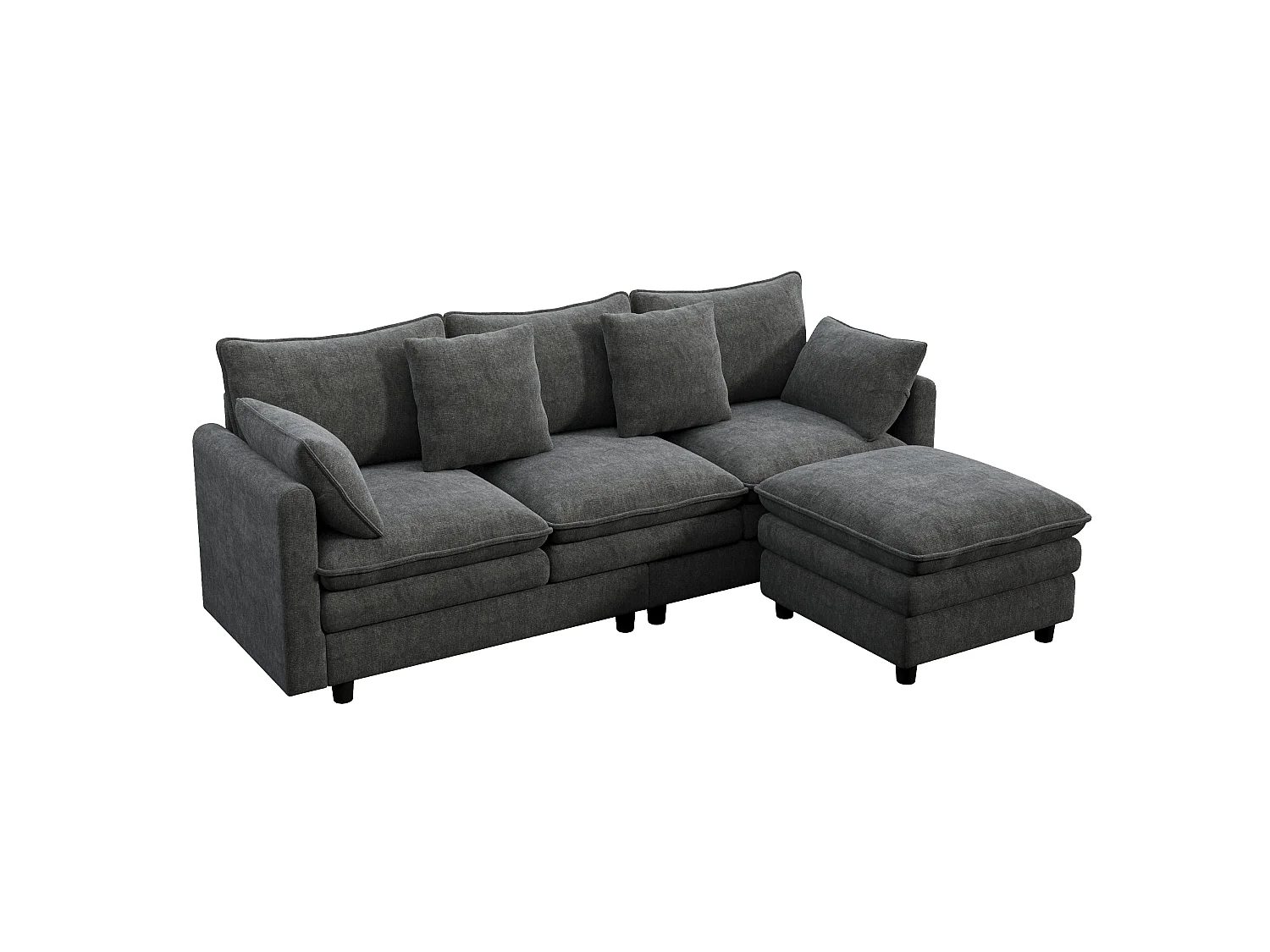 Canapé d'angle 3 places avec méridienne, 4 coussins décoratifs et dossiers réglables - Chenille - 212 x 150 x 65 cm - Gris