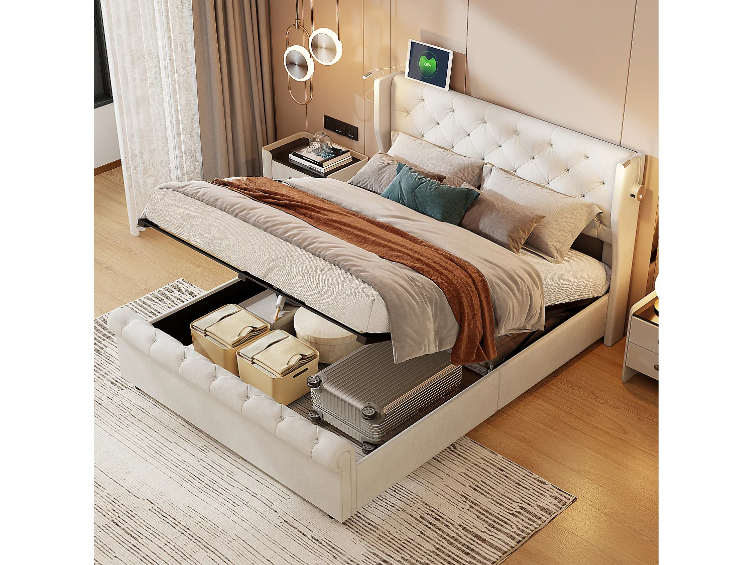 Lit Coffre 140X190cm En Velours Beige,Tête De Lit Capitonnée,Lampes De Chevet Réglables Avec Ports USB,Système Hydraulique De Rangement Pour Chambre