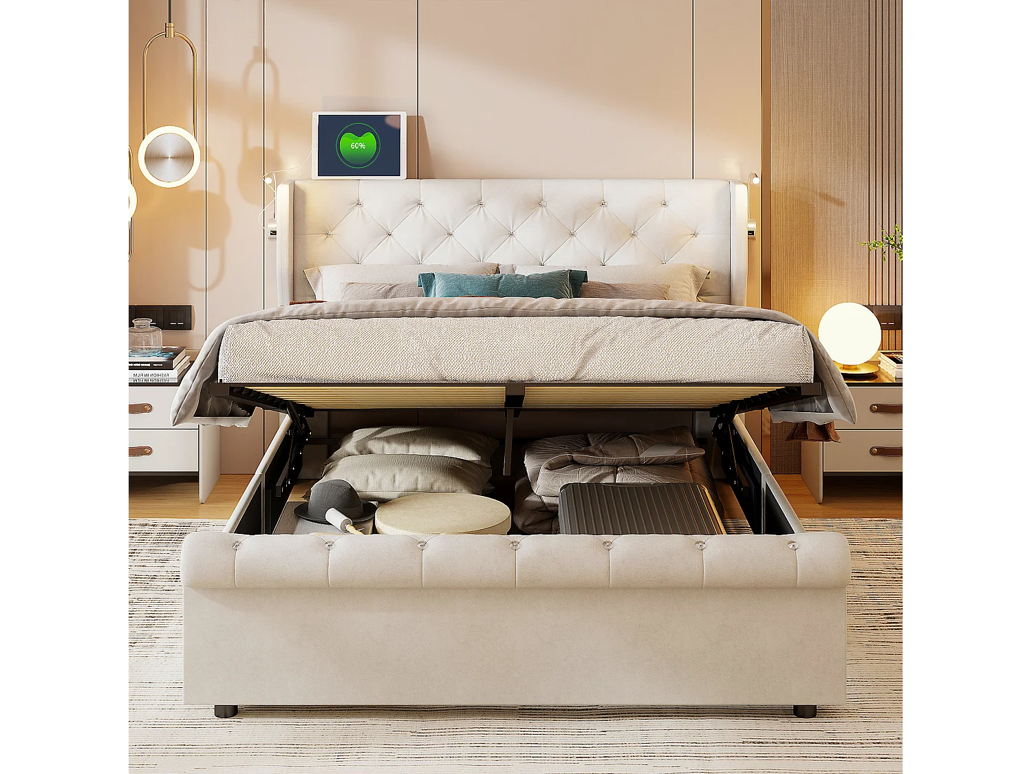 Lit Coffre 140X190cm En Velours Beige,Tête De Lit Capitonnée,Lampes De Chevet Réglables Avec Ports USB,Système Hydraulique De Rangement Pour Chambre