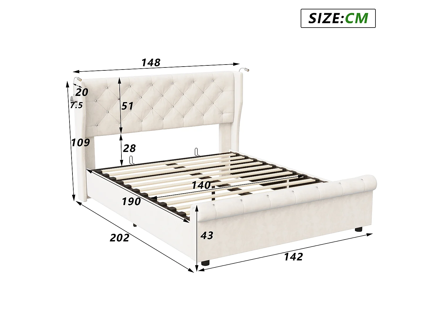 Lit Coffre 140X190cm En Velours Beige,Tête De Lit Capitonnée,Lampes De Chevet Réglables Avec Ports USB,Système Hydraulique De Rangement Pour Chambre