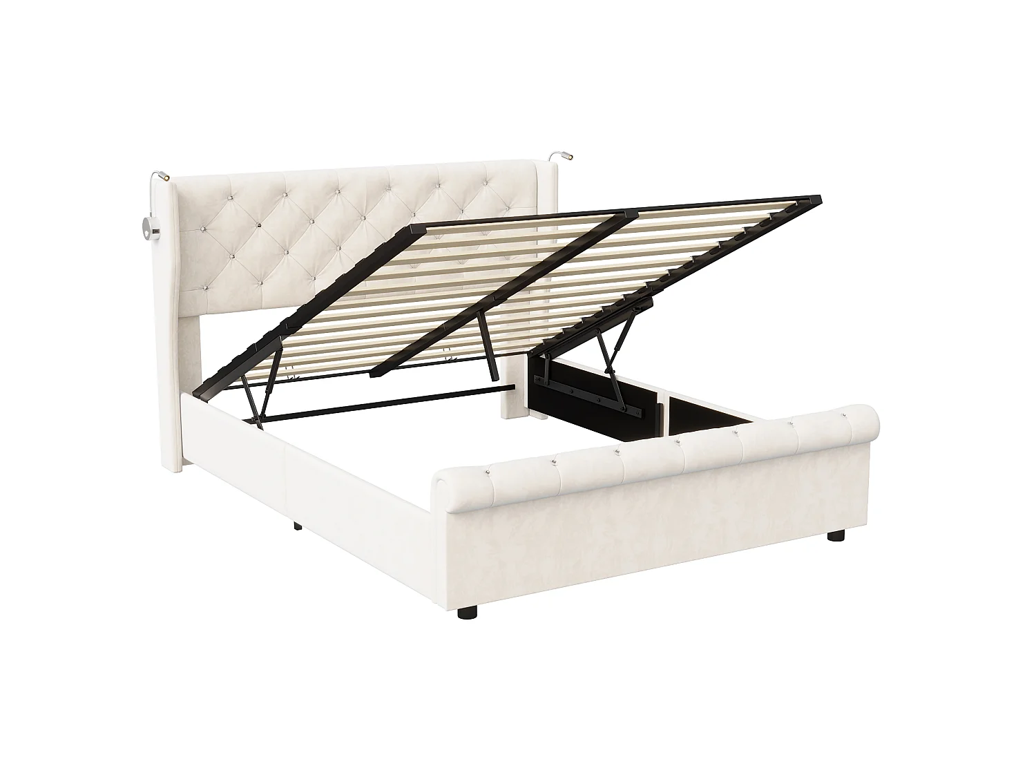 Lit Coffre 140X190cm En Velours Beige,Tête De Lit Capitonnée,Lampes De Chevet Réglables Avec Ports USB,Système Hydraulique De Rangement Pour Chambre