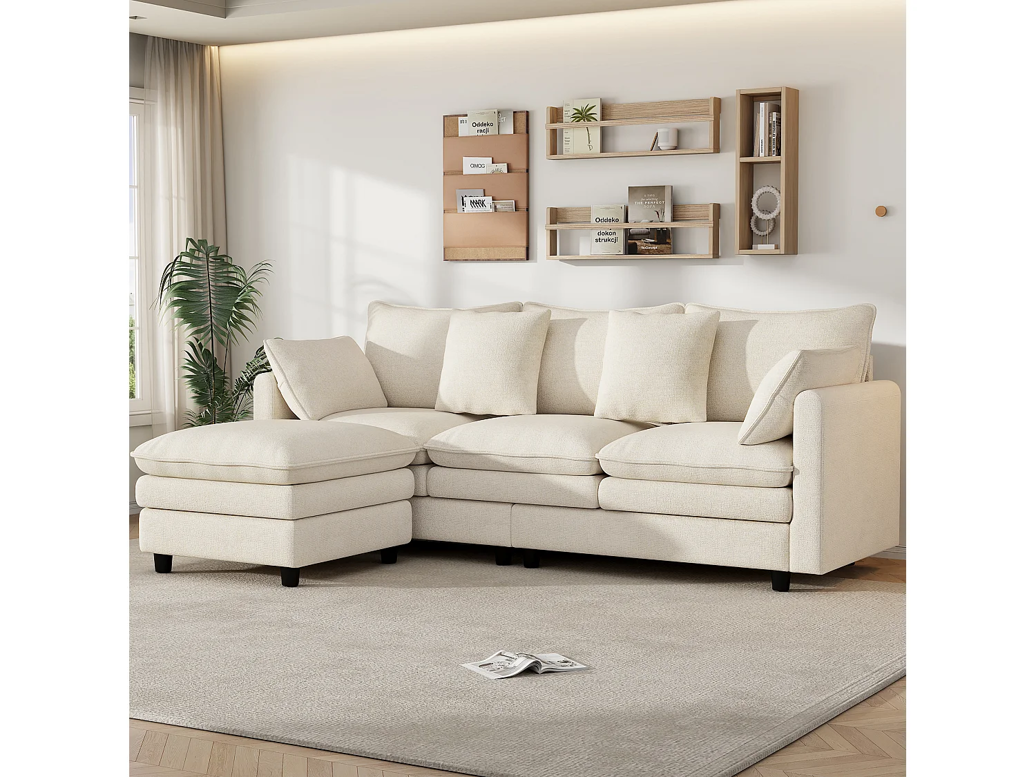 Divano angolare a 3 posti con chaise longue, 4 cuscini decorativi e schienali regolabili - Ciniglia - 212 x 150 x 65 cm - Beige