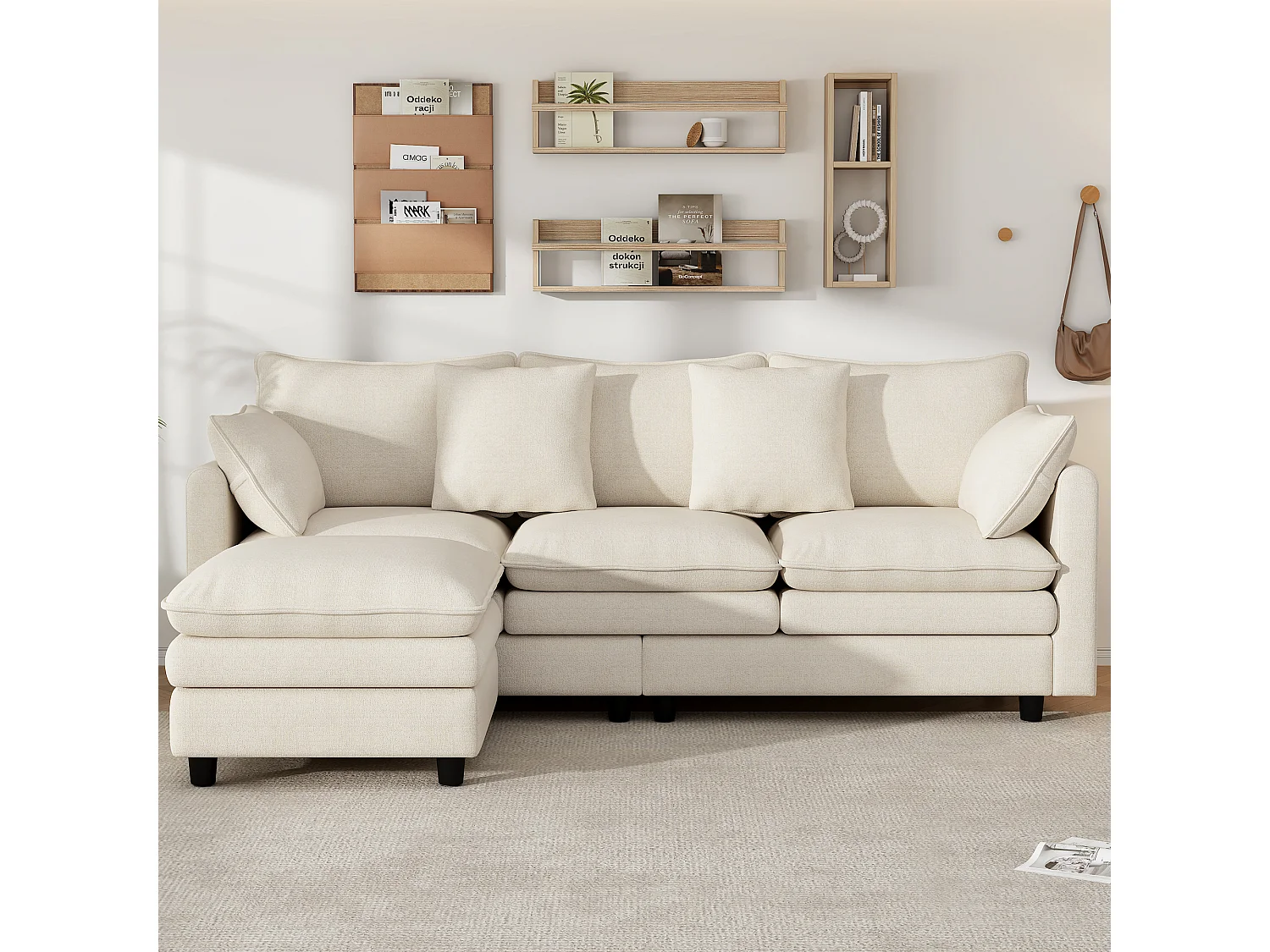 Divano angolare a 3 posti con chaise longue, 4 cuscini decorativi e schienali regolabili - Ciniglia - 212 x 150 x 65 cm - Beige