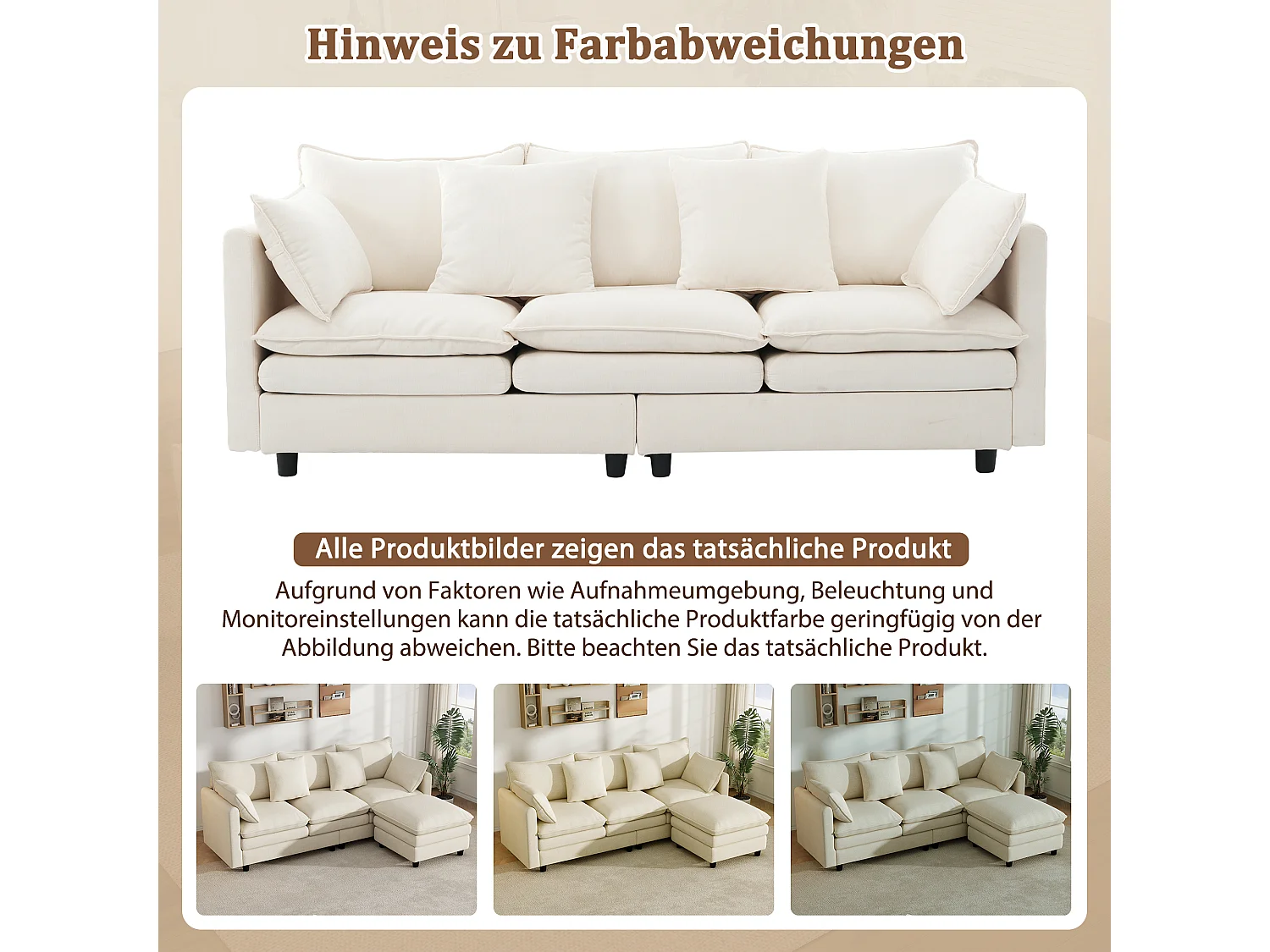 Divano angolare a 3 posti con chaise longue, 4 cuscini decorativi e schienali regolabili - Ciniglia - 212 x 150 x 65 cm - Beige