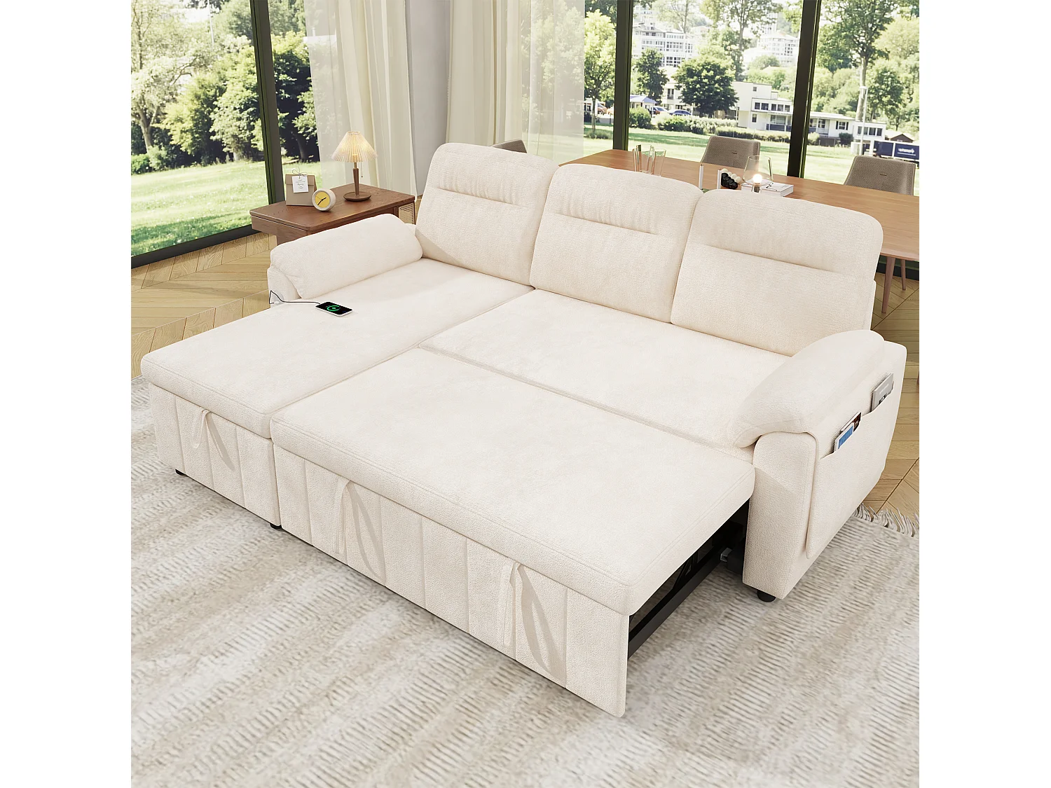 Canapé d'angle 3 places avec méridienne réversible, rangement et ports USB/Type-C - Chenille - 208 x 131 x 88 cm - Beige