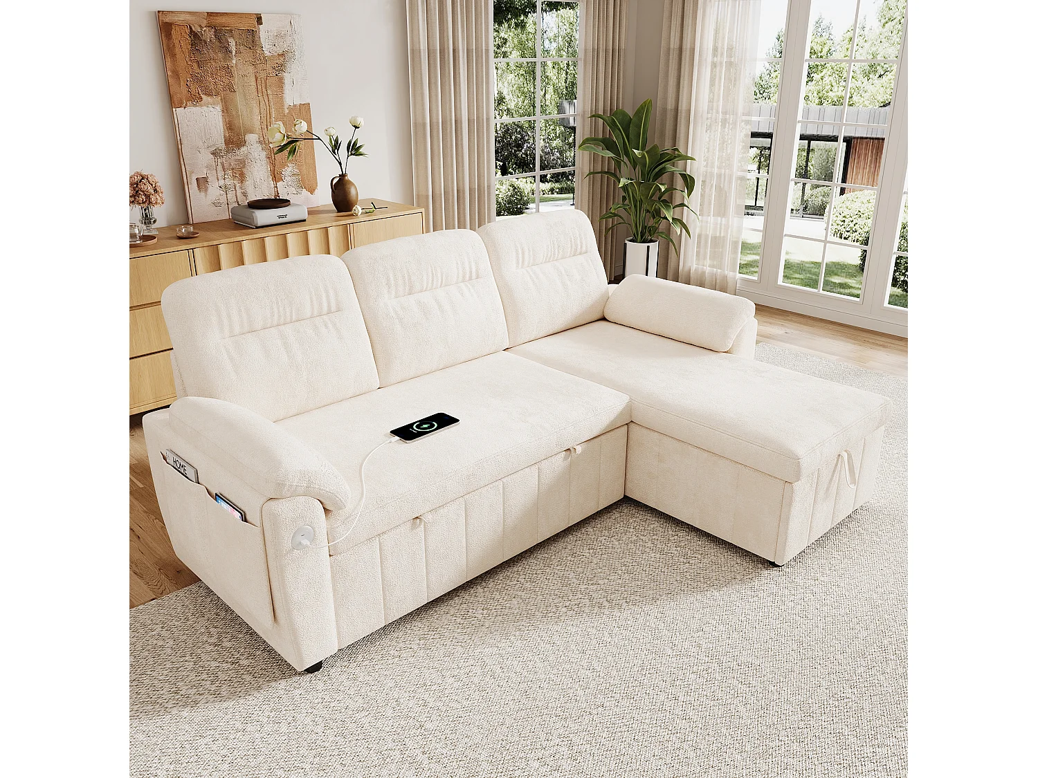 Canapé d'angle 3 places avec méridienne réversible, rangement et ports USB/Type-C - Chenille - 208 x 131 x 88 cm - Beige